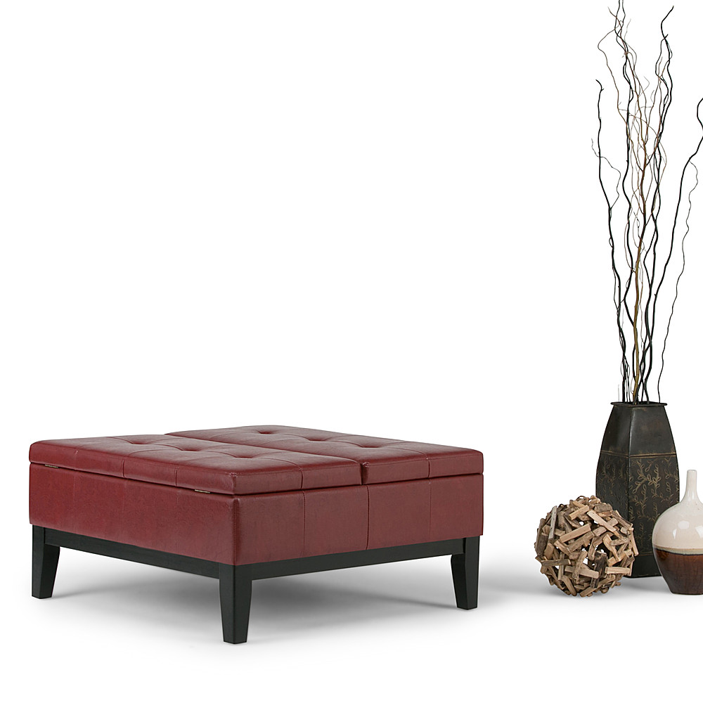 Left View: Simpli Home - Dover Coffee Table Ottoman with Split Lid - Radicchio Red