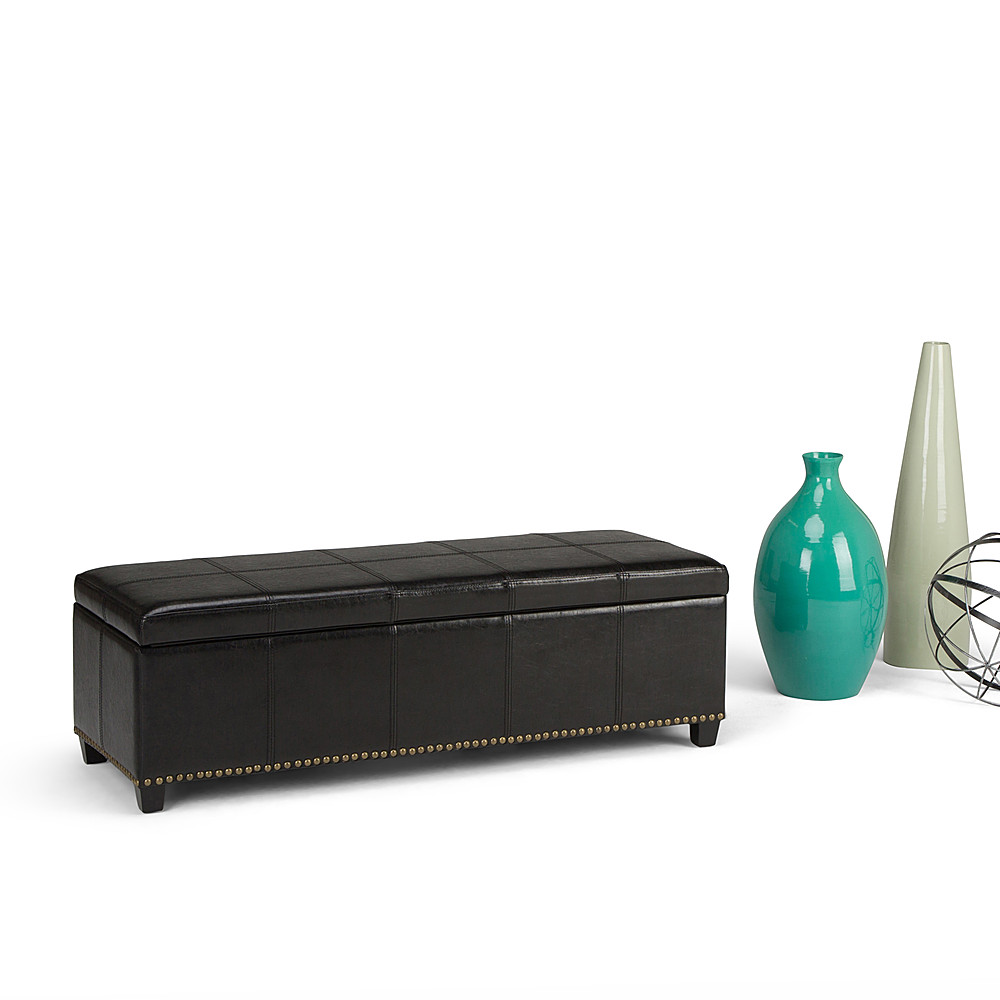 Left View: Simpli Home - Kingsley Rectangular Bonded Leather Bench Ottoman With Inner Storage - Midnight Black