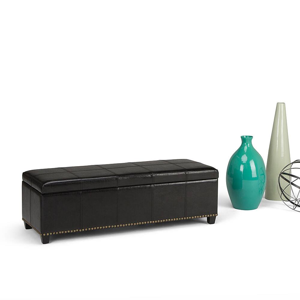 Left. Simpli Home - Kingsley Rectangular Bonded Leather Bench Ottoman With Inner Storage - Midnight Black.