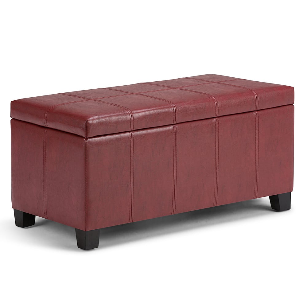 Simpli Home - Dover Rectangular Polyurethane Faux Leather Bench Ottoman With Inner Storage - Radicchio Red