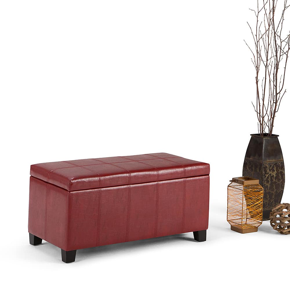 Left View: Simpli Home - Dover Rectangular Polyurethane Faux Leather Bench Ottoman With Inner Storage - Radicchio Red