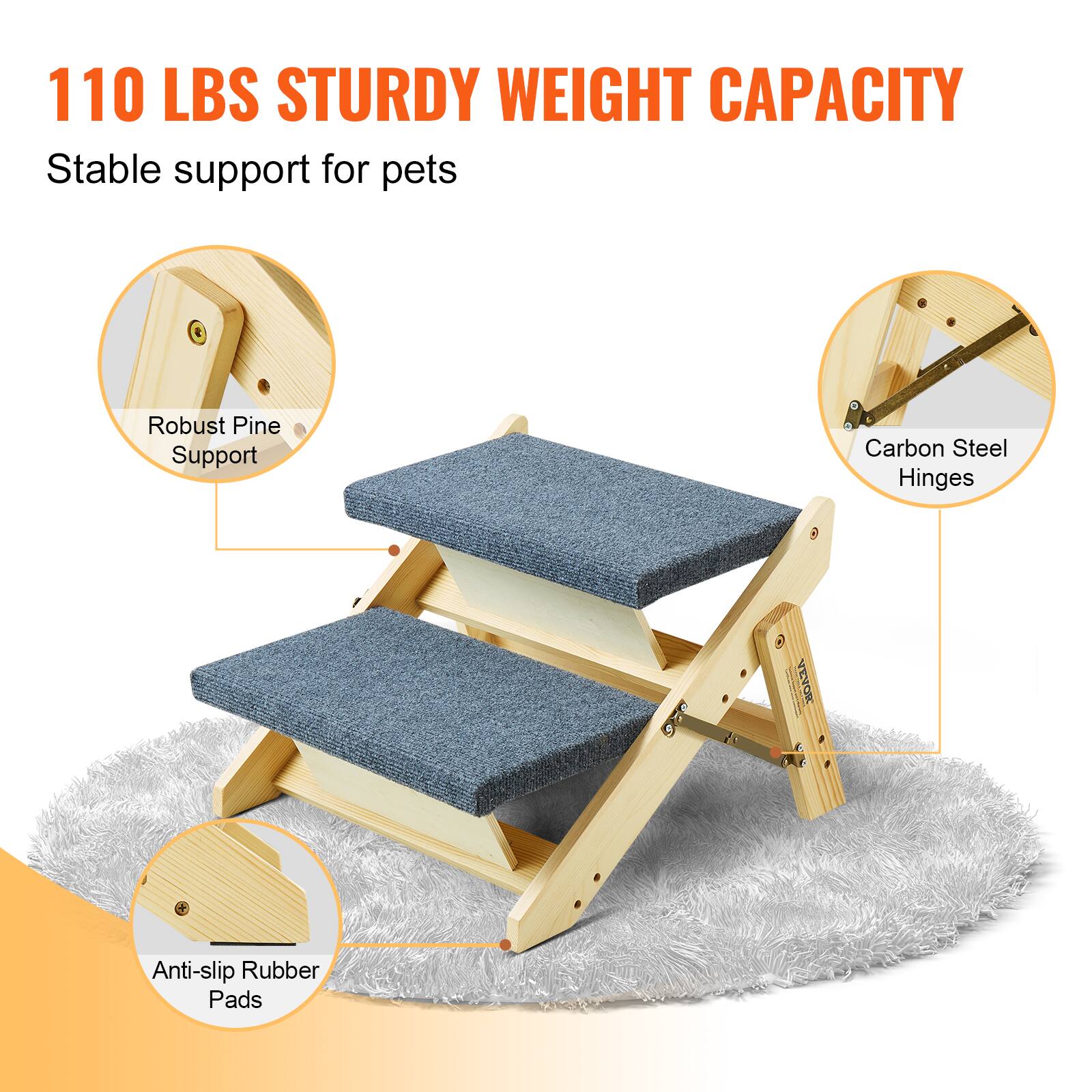 110 LBS STURDY WEIGHT CAPACITY  
Stable support for pets  

- Robust Pine Support  
- Carbon Steel Hinges  
- Anti-slip Rubber Pads