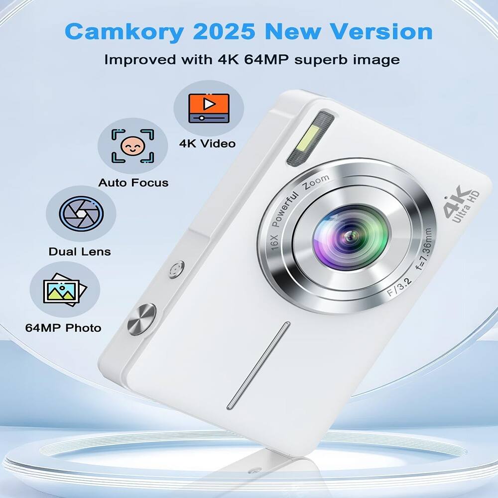 Camkory 2025 New Version  
Improved with 4K 64MP superb image  

- 4K Video  
- Auto Focus  
- Dual Lens  
- 64MP Photo  

Powerful Zoom  
16X  
f=7.36mm  
F/3.2  
4K Ultra HD