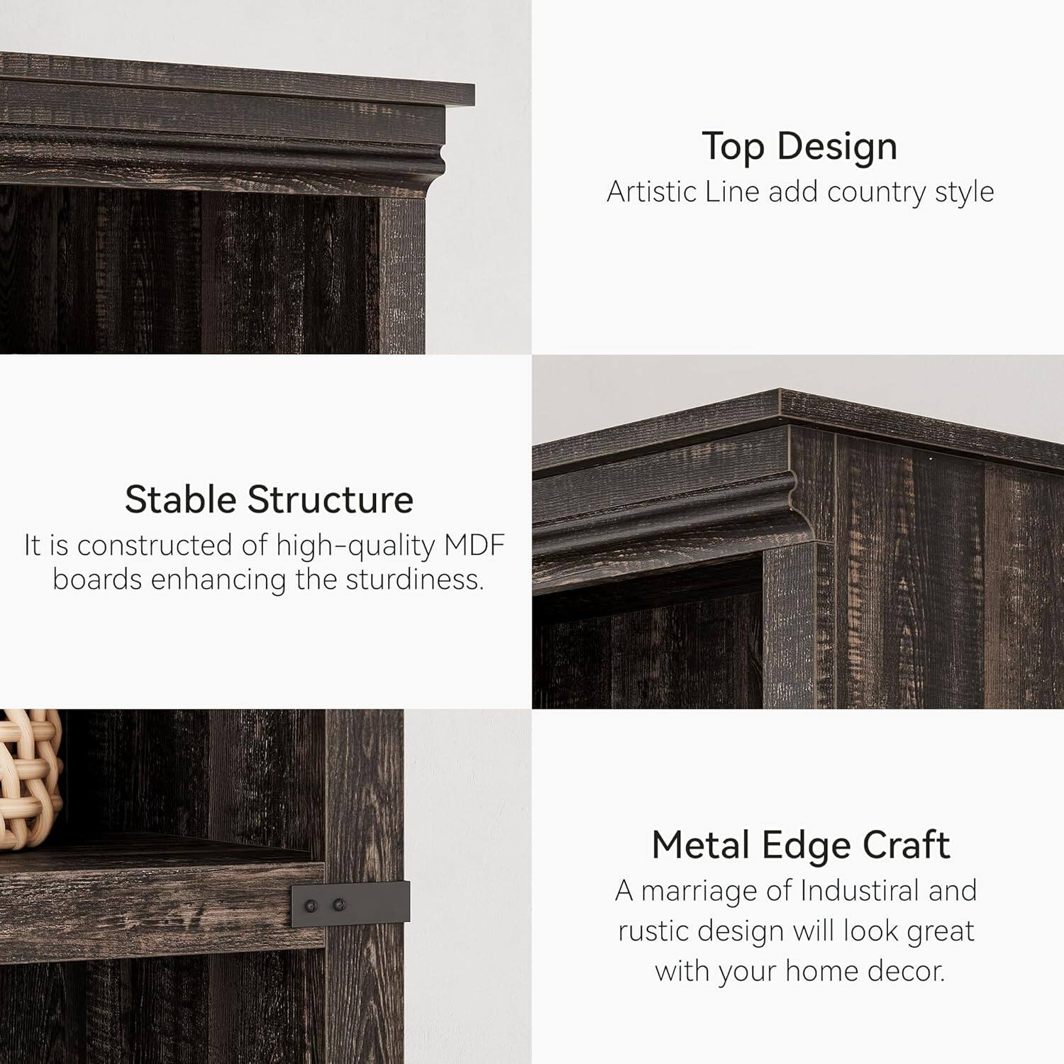 Top Design  
Artistic Line add country style  

Stable Structure  
It is constructed of high-quality MDF boards enhancing the sturdiness.  

Metal Edge Craft  
A marriage of Industrial and rustic design will look great with your home decor.