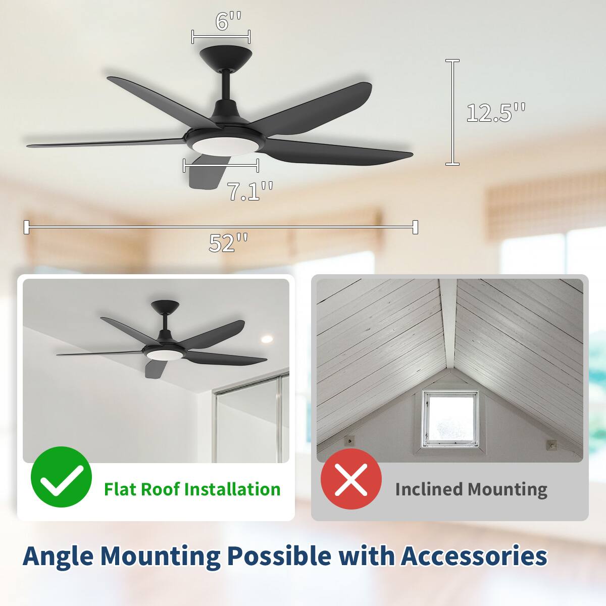 00 60 7.1"0 52" | 12.5" Flat Roof Installation X Inclined Mounting Angle Mounting Possible with Accessories