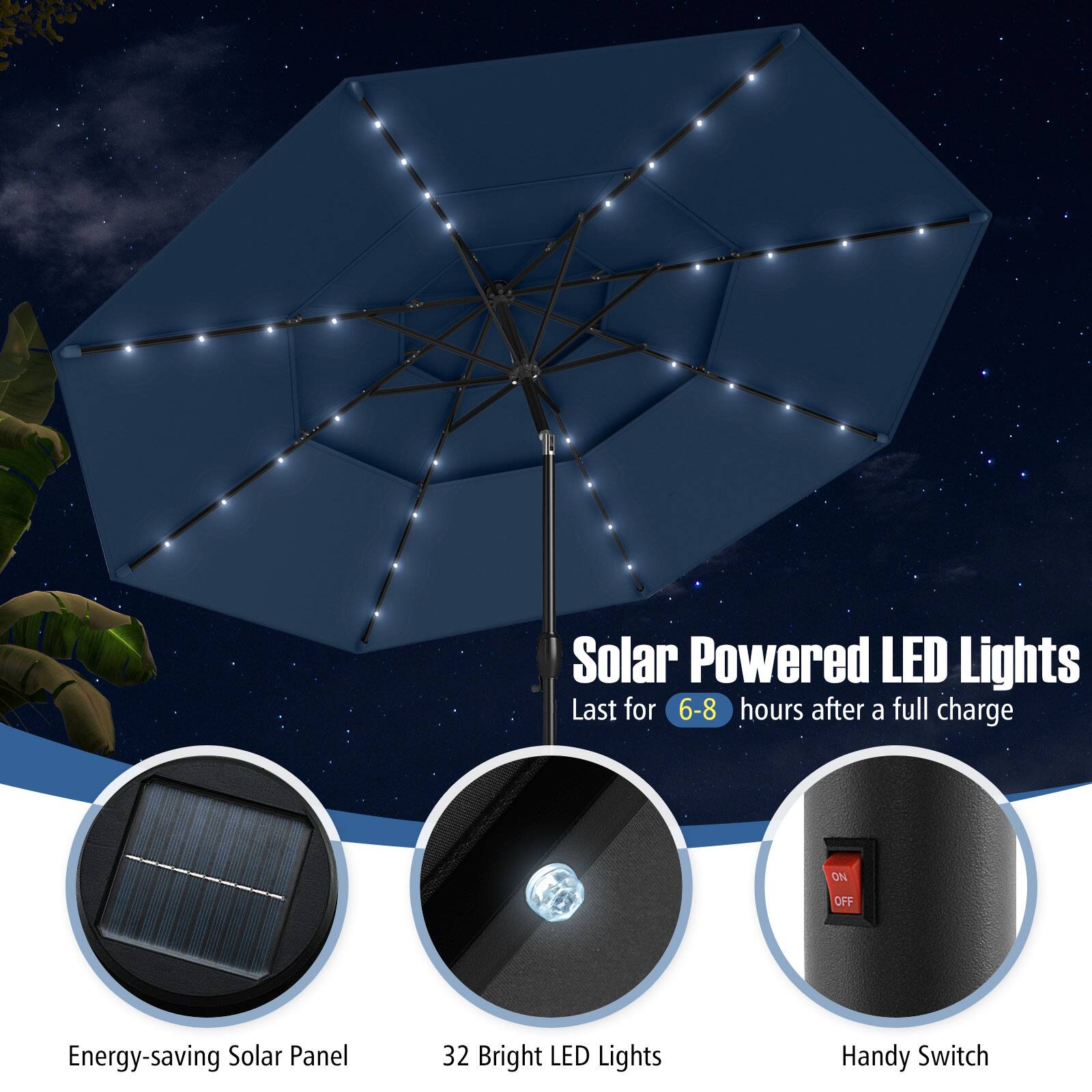 Solar Powered LED Lights, Last for 6-8 hours after a full charge, Energy-saving Solar Panel, 32 Bright LED Lights, Handy Switch