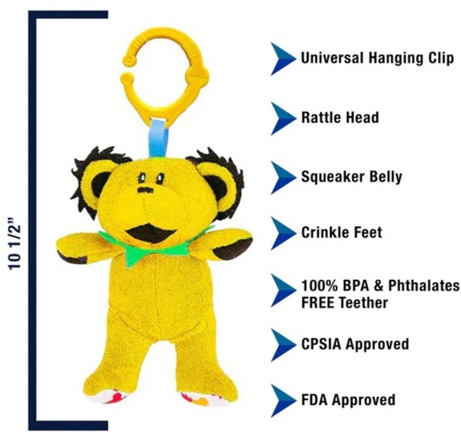 Universal Hanging Clip  
Rattle Head  
Squeaker Belly  
Crinkle Feet  
10 1/2"  
100% BPA & Phthalates FREE Teether  
CPSIA Approved  
FDA Approved
