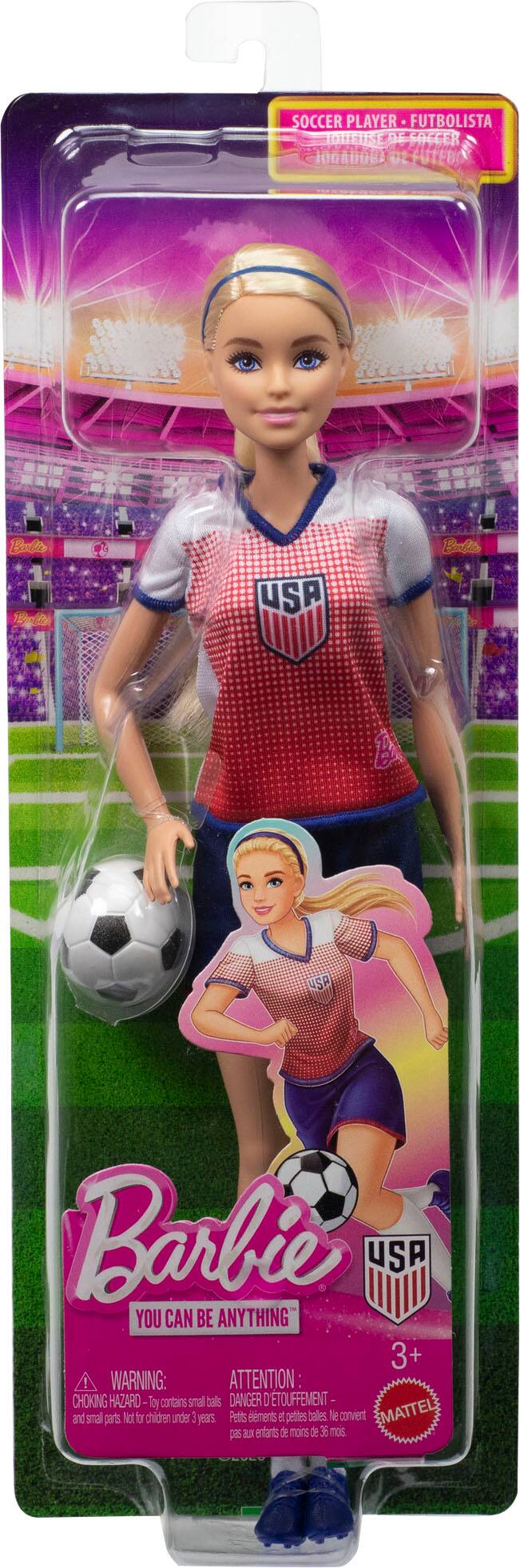 1 SOCCER PLAYER DE USA SACCER FUTBOLISTA FUTEBO 090000 P8GCe Ble C USA Barbie USA YOU CAN BE ANYTHING 3+ ! WARNING: ATTENTION: CHOKING HAZARD Toy contains small balls and small parts. Not for children under 3 years. Pets semerss d'pettes balles le convient pas a enfants de moins de 36 mois.