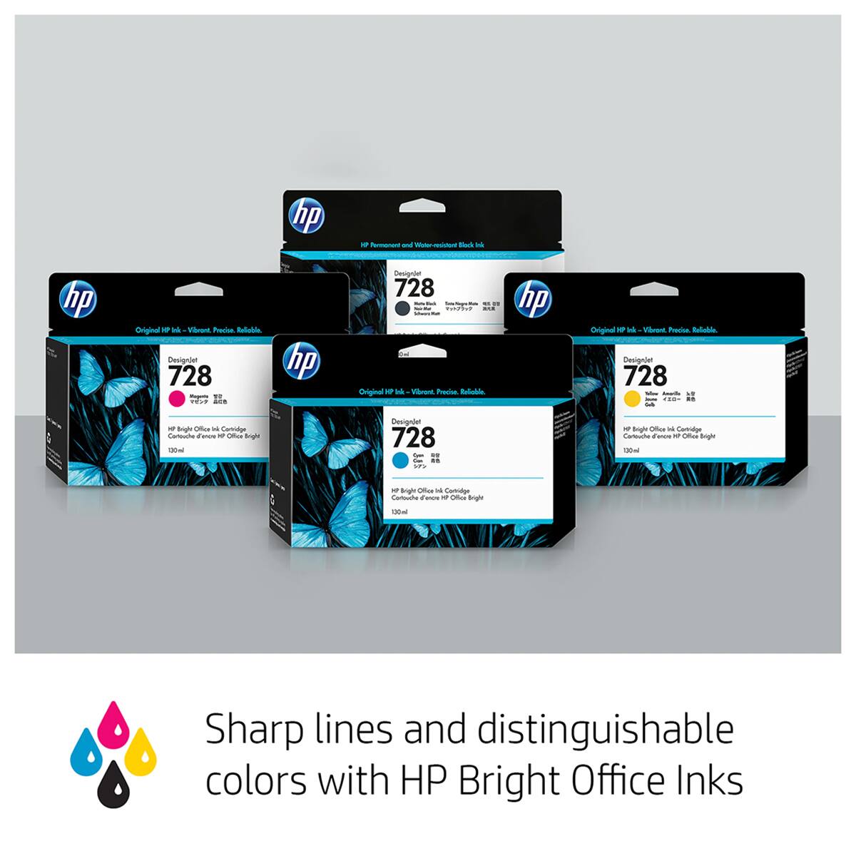hp  
Permanent and Water-resistant Black Ink  

hp  
Original HP Ink - Vibrant. Precise. Reliable.  
Designjet 728 Magenta  

hp  
Designjet 728 Cyan  

hp  
Original HP Ink - Vibrant. Precise. Reliable.  
Designjet 728 Yellow  

hp  
Original HP Ink - Vibrant. Precise. Reliable.  
Designjet 728 Black  

hp  
Original HP Ink - Vibrant. Precise. Reliable.  
Designjet 728 Cyan  

hp  
Original HP Ink - Vibrant. Precise. Reliable.  
Designjet 728 Magenta  

hp  
Original HP Ink - Vibrant. Precise. Reliable.  
Designjet 728 Yellow  

hp  
Original HP Ink - Vibrant. Precise. Reliable.  
Designjet 728 Black  

Sharp lines and distinguishable colors with HP Bright Office Inks