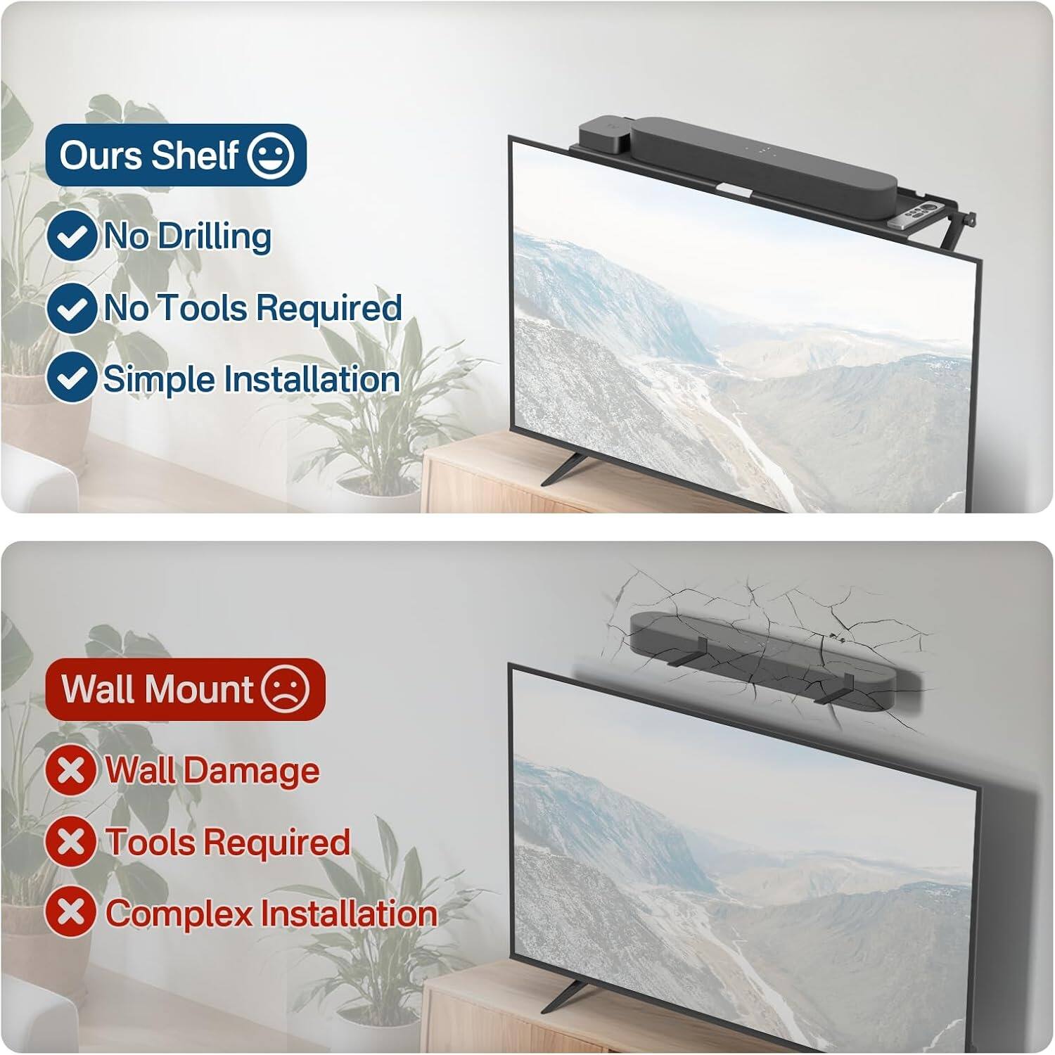 **Ours Shelf**  
- No Drilling  
- No Tools Required  
- Simple Installation  

**Wall Mount**  
- Wall Damage  
- Tools Required  
- Complex Installation