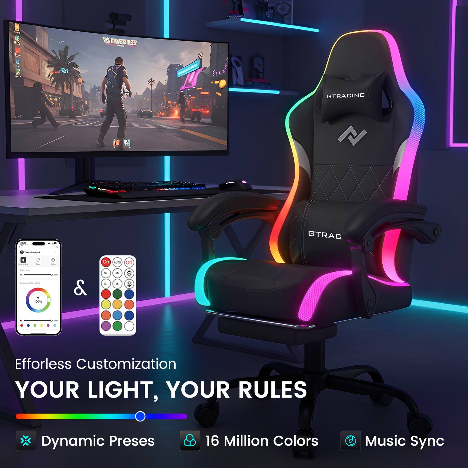 Effortless Customization  
YOUR LIGHT, YOUR RULES  

Dynamic Presets  
16 Million Colors  
Music Sync