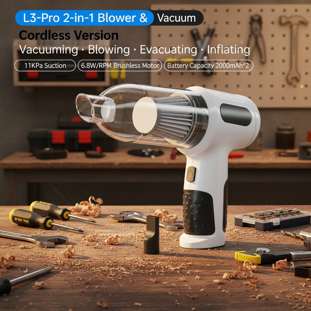 L3-Pro 2-in-1 Blower & Vacuum  
Cordless Version  
Vacuuming · Blowing · Evacuating · Inflating  
11KPa Suction  
6.8W/RPM Brushless Motor  
Battery Capacity 2000mAh*2