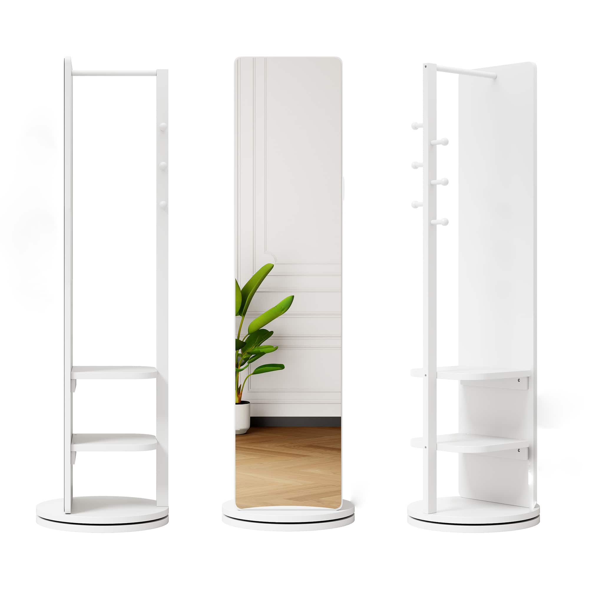 Ecooso - 360° Rotating Full Length Mirror with Hook Rack, Solid Wood Floor Mirror Organizer - White