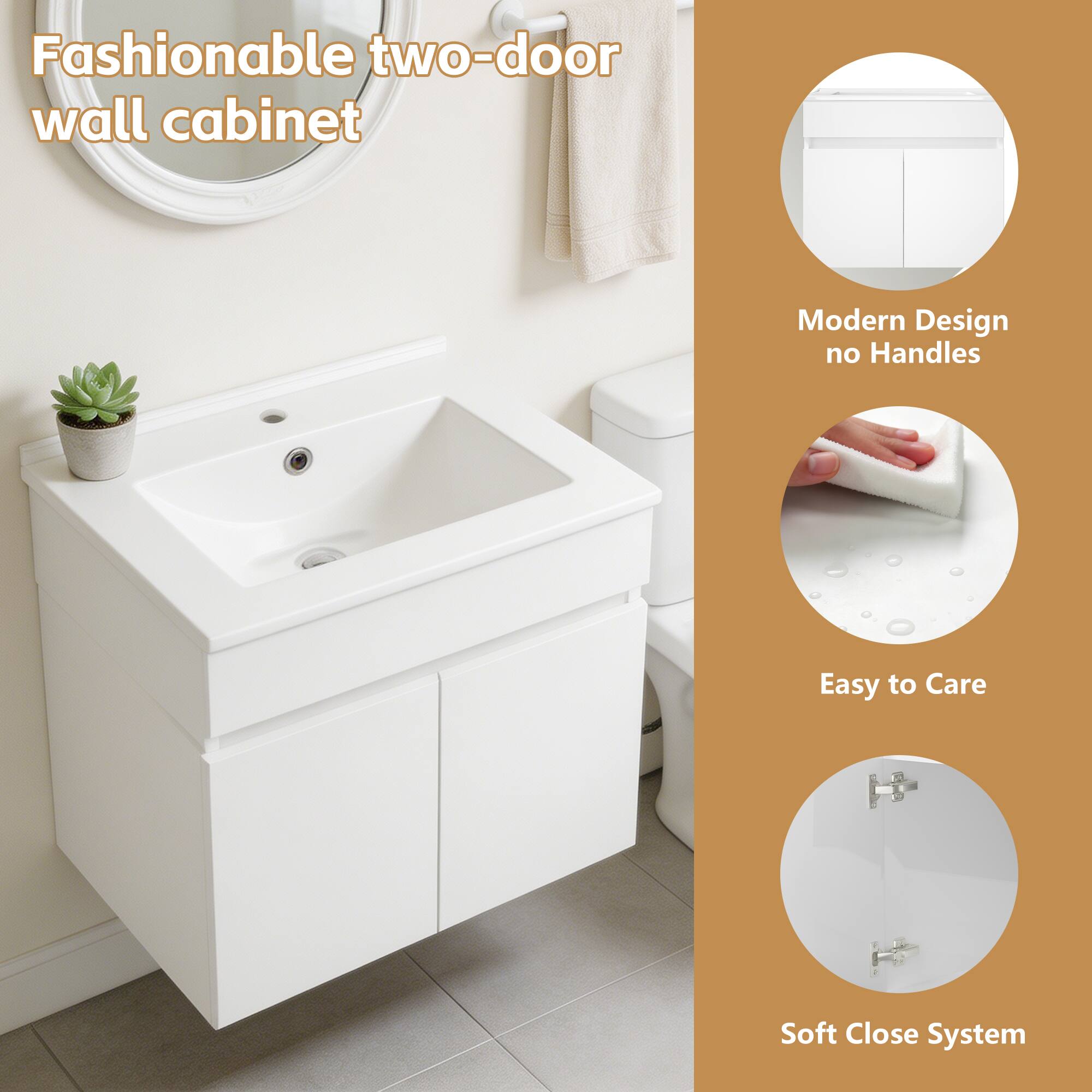 Fashionable two-door wall cabinet

Modern Design no Handles

Easy to Care

Soft Close System