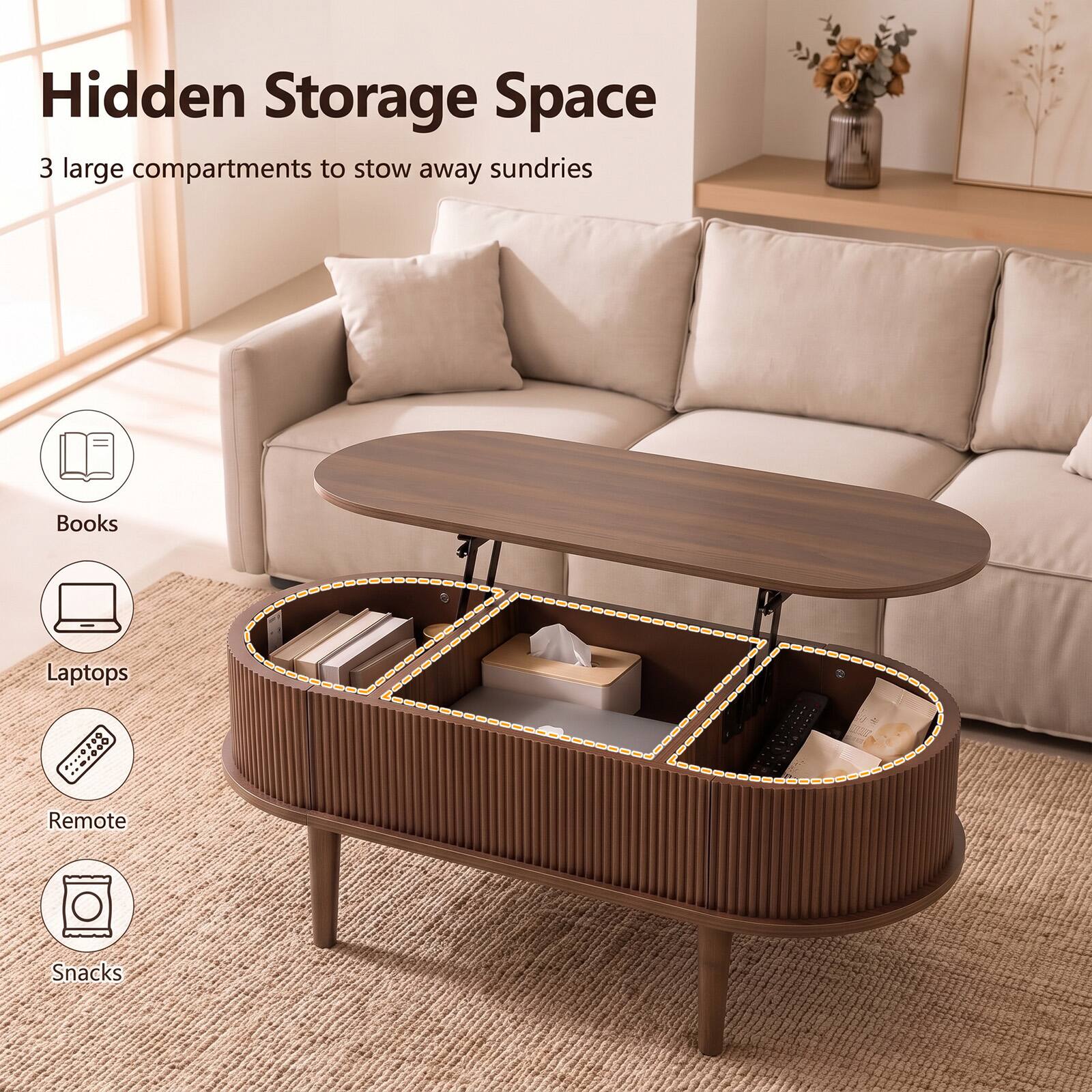 Hidden Storage Space  
3 large compartments to stow away sundries  
Books  
Laptops  
Remote  
Snacks