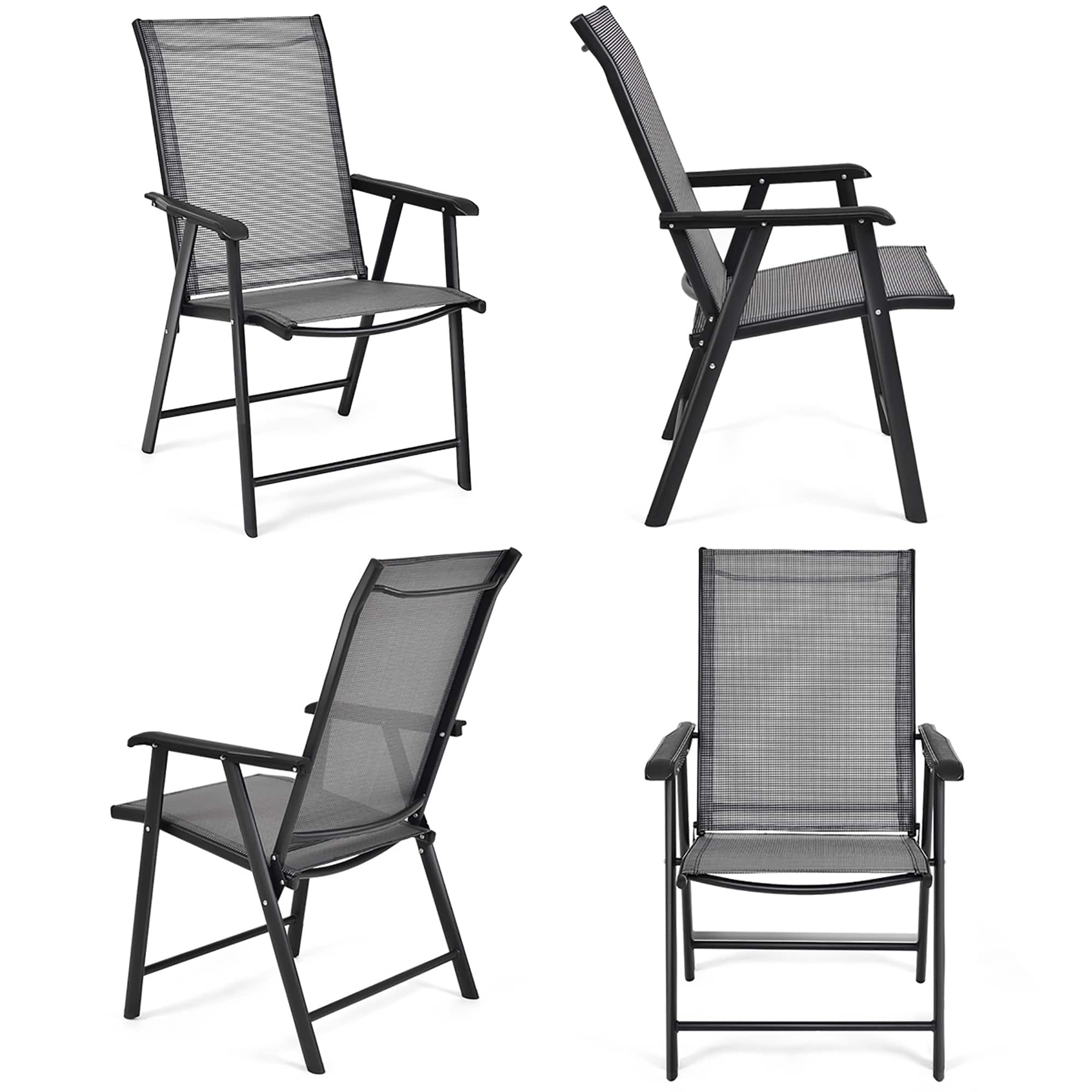 Costway - Set of 4 Outdoor Patio Folding Chairs Camping Deck Garden Pool Beach W/Armrest - Black,Gray