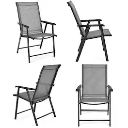 Costway - Set of 4 Outdoor Patio Folding Chairs Camping Deck Garden Pool Beach W/Armrest - Black,Gray