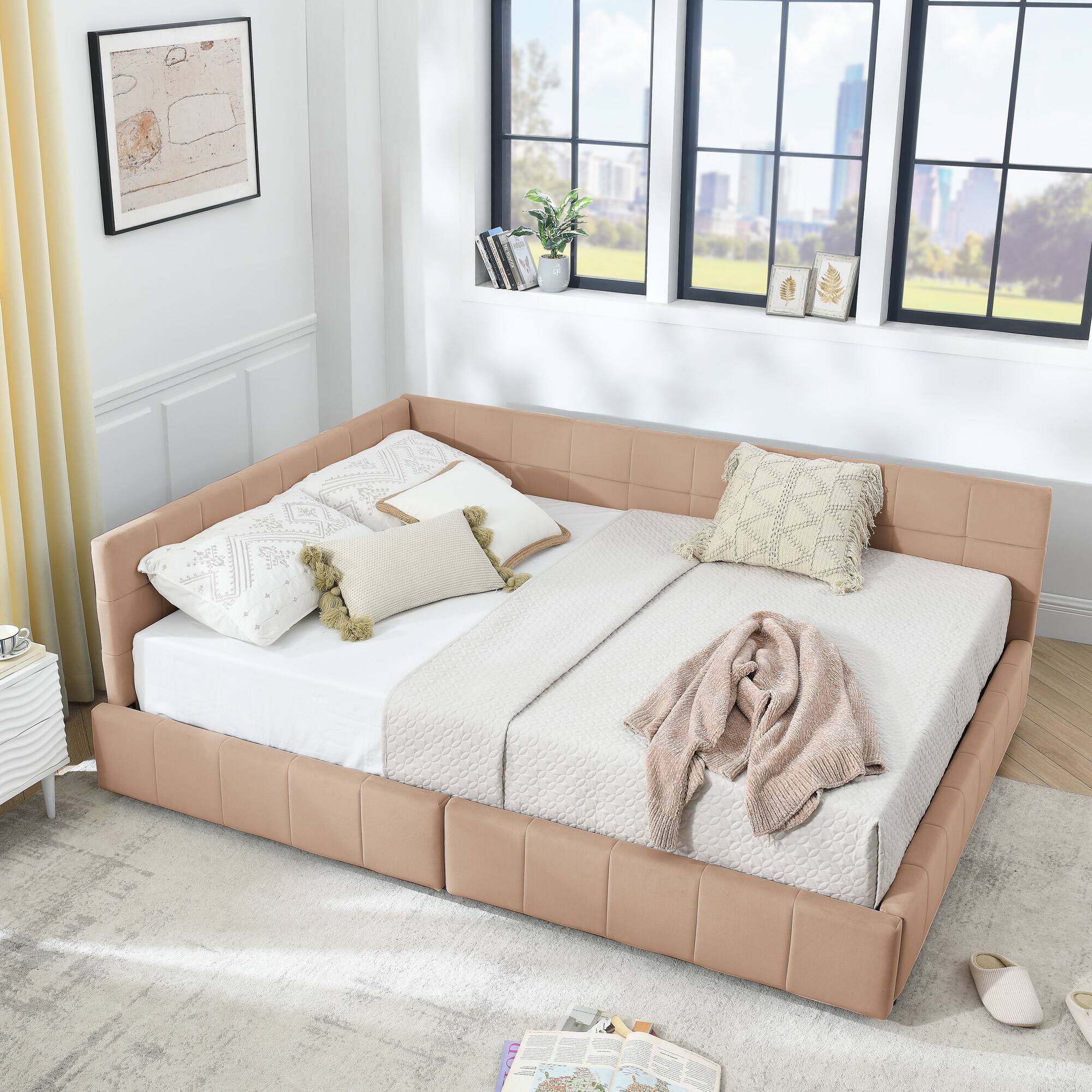 Angle. Anysun - Queen Velvet Tufted Storage Bed Frame - Sofa Bed with Backrest & Armrests for Bedroom or Living Room - Pink.