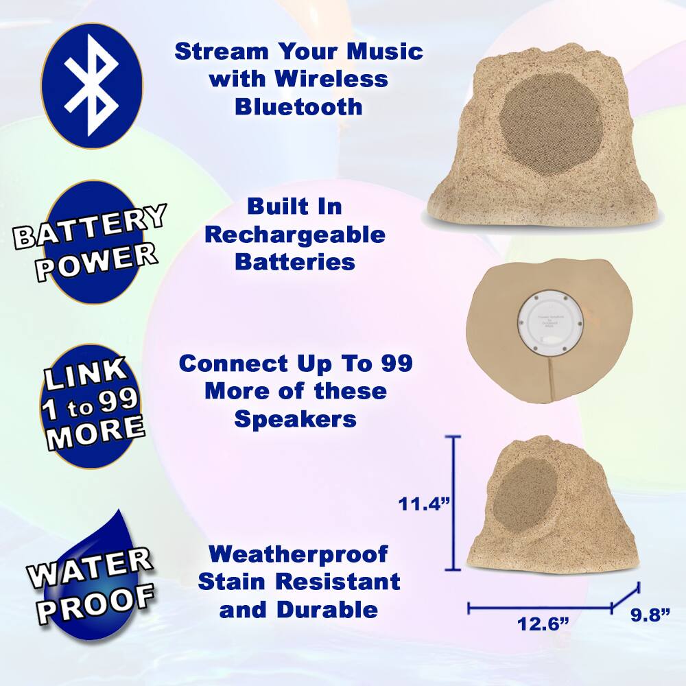 - Stream Your Music with Wireless Bluetooth
- Built In Rechargeable Batteries
- Connect Up To 99 More of these Speakers
- Weatherproof Stain Resistant and Durable
- BATTERY POWER
- LINK 1 to 99 MORE
- WATER PROOF
- 11.4" x 12.6" x 9.8"