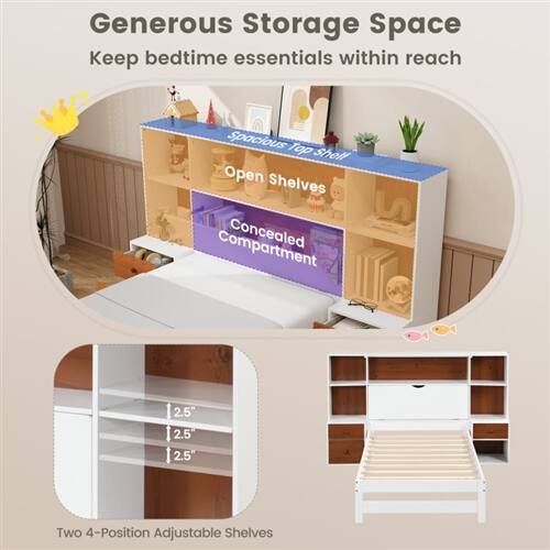 Generous Storage Space  
Keep bedtime essentials within reach  

Spacious Top Shell  
Open Shelves  
Concealed Compartment  

Two 4-Position Adjustable Shelves  
12.5"  
2.5"  
2.5"