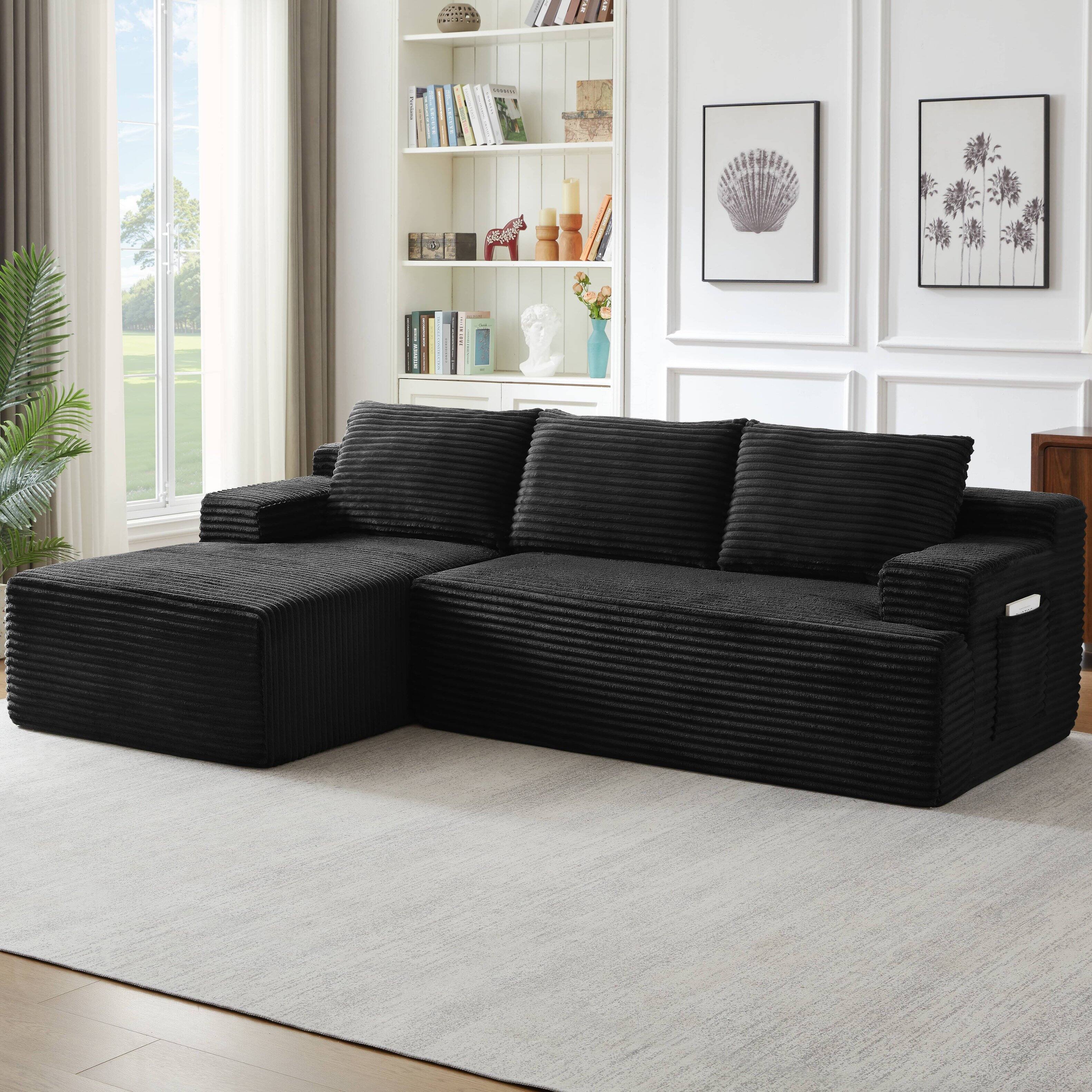 Alt View 1. Anysun - Anysun L-Shaped Left-Facing Modular Classic Corduroy Fabric Striped Sectional Sofa with Deep Seat - Black.