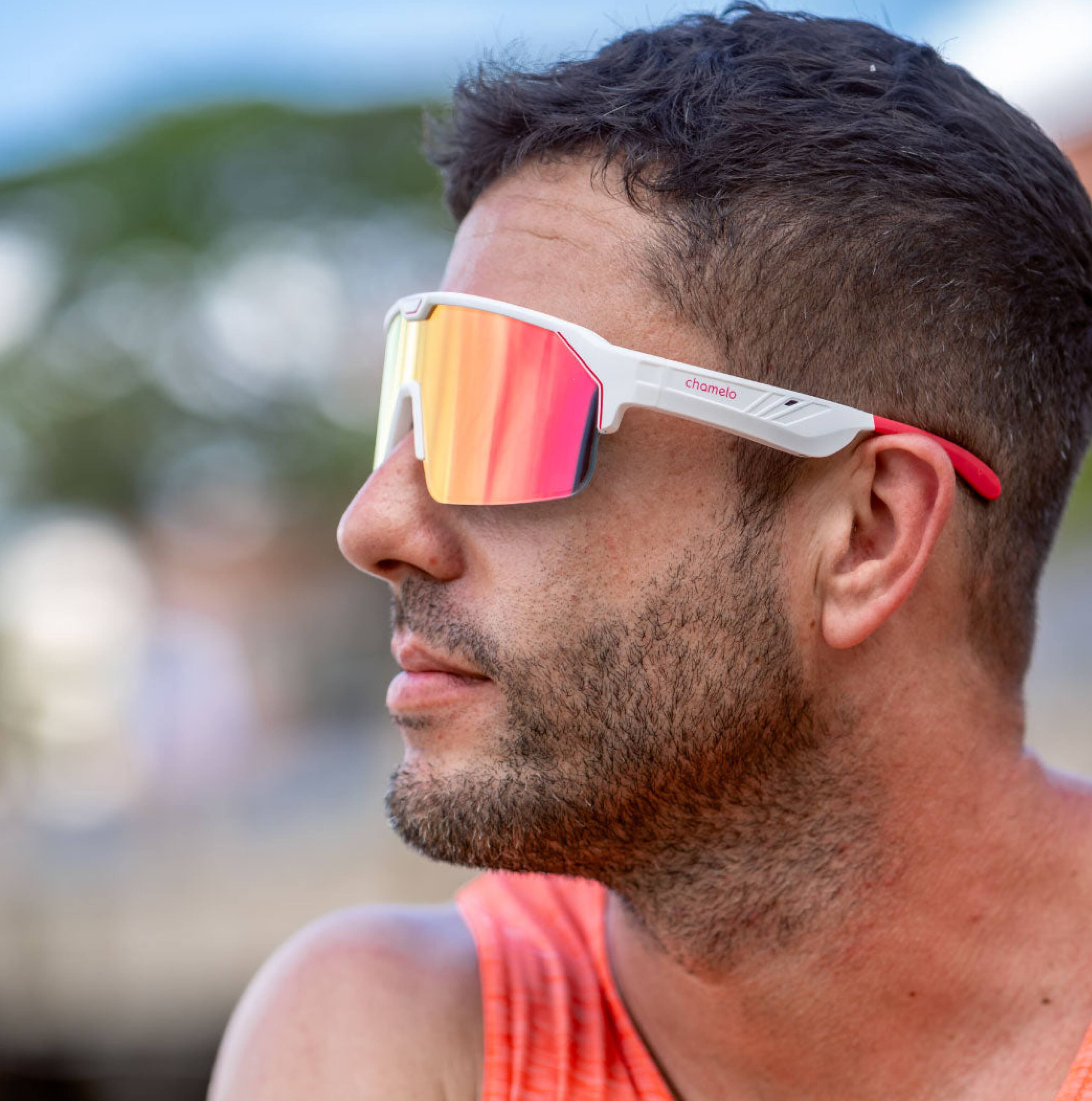 Alt View 6. Chamelo - Sport Music Shield Slider HVL - Adjustable Electrochromic Tint - Smart Audio Sunglasses - White frame | Fire lenses.