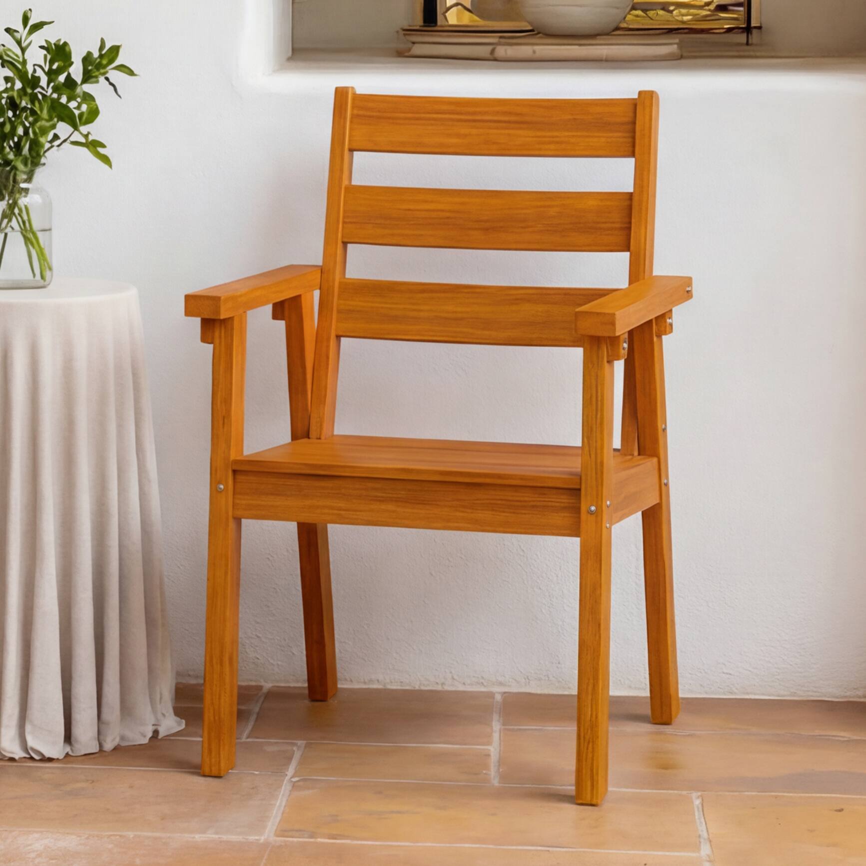 Left. Famapy - Pairs of Teak-Style Outdoor Patio Dining Chair HDPS Aluminum Frame, Weatherproof & Low-Maintenance for Garden Poolside - Wooden.