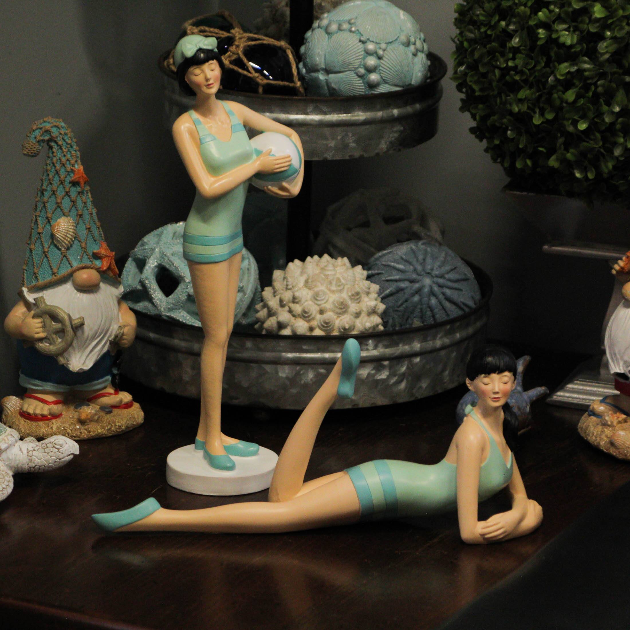 Alt View 4. Fancy That - Brunette Bathing Beauty Figurine – Hand-Painted Striped Swimsuit, Coastal Charm - Multicolored.