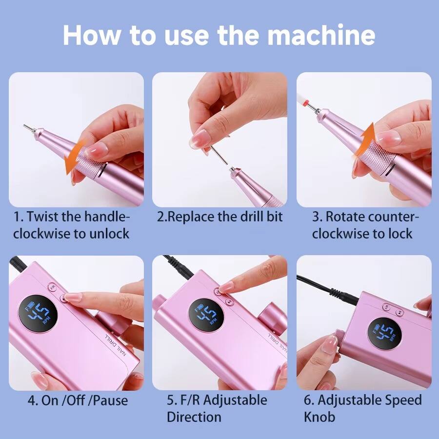 How to use the machine

1. Twist the handle- clockwise to unlock
2. Replace the drill bit
3. Rotate counter-clockwise to lock
4. On /Off /Pause
5. F/R Adjustable Direction
6. Adjustable Speed Knob
