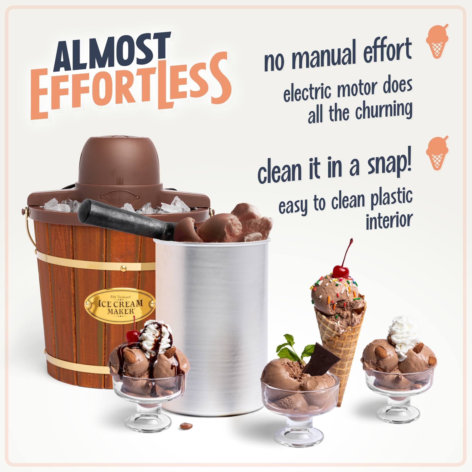 ALMOST EFFORTLESS

no manual effort  
electric motor does all the churning

clean it in a snap!  
easy to clean plastic interior

ICE CREAM MAKER