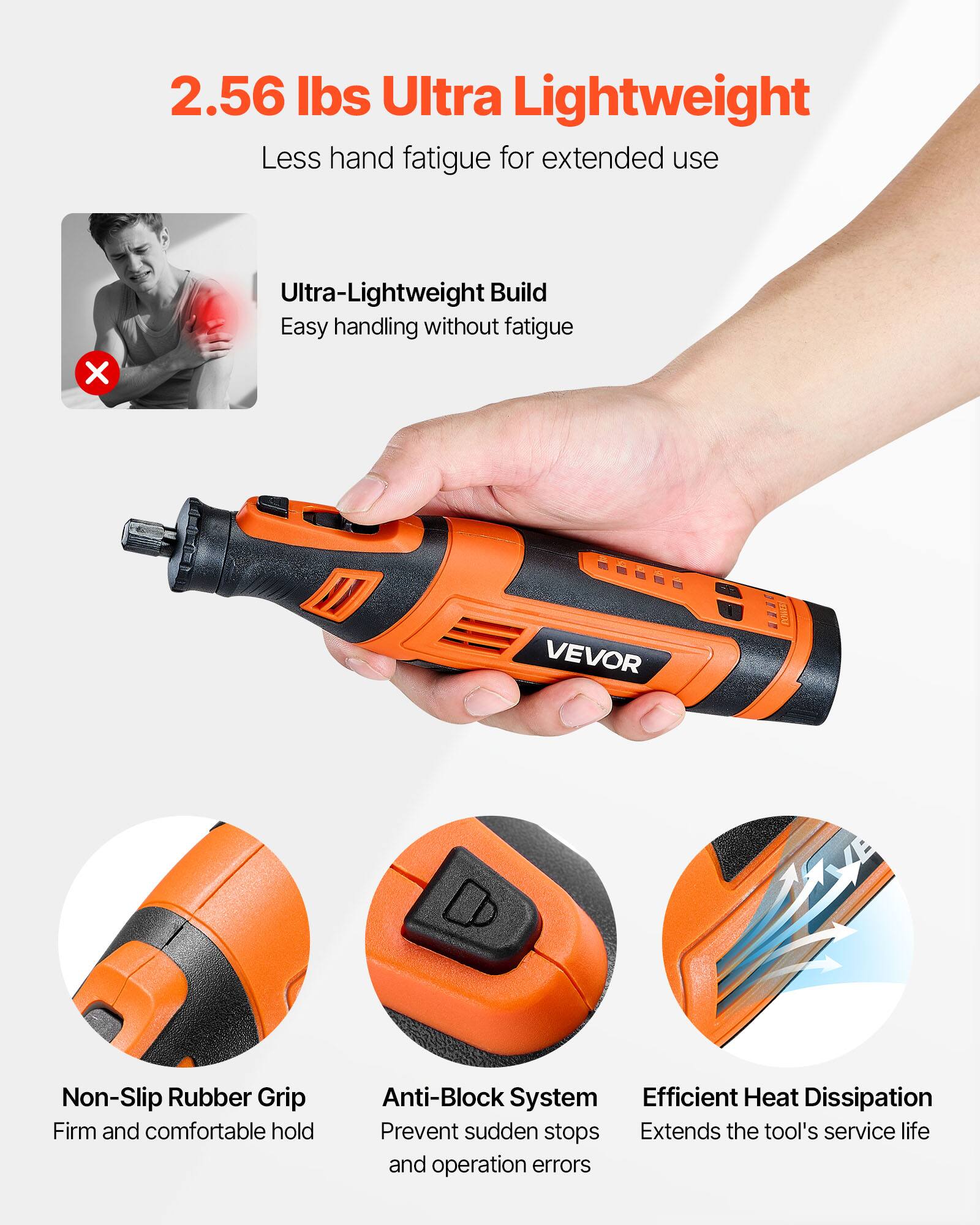 2.56 lbs Ultra Lightweight  
Less hand fatigue for extended use  

Ultra-Lightweight Build  
Easy handling without fatigue  

Non-Slip Rubber Grip  
Firm and comfortable hold  

Anti-Block System  
Prevent sudden stops and operation errors  

Efficient Heat Dissipation  
Extends the tool's service life