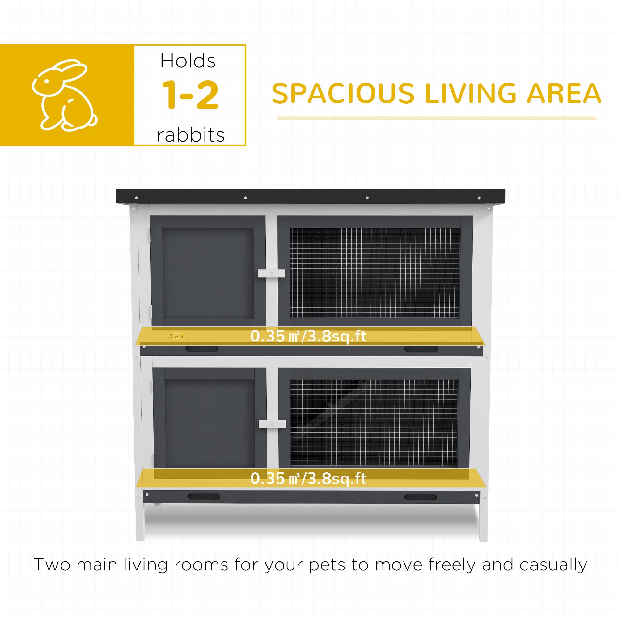 Holds 1-2 rabbits

SPACIOUS LIVING AREA

0.35 m² / 3.8 sq.ft

0.35 m² / 3.8 sq.ft

Two main living rooms for your pets to move freely and casually