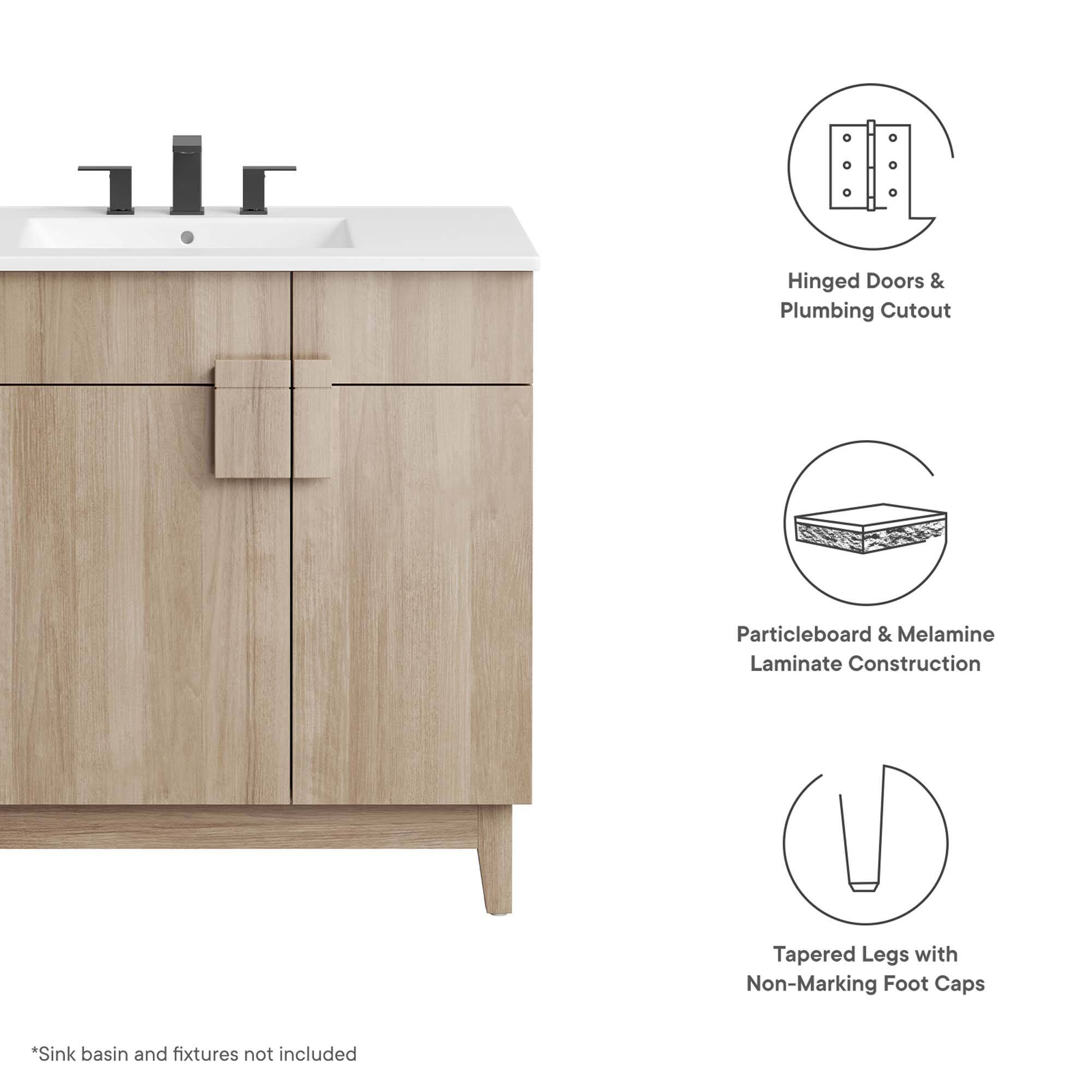 Hinged Doors & Plumbing Cutout  
Particleboard & Melamine Laminate Construction  
Tapered Legs with Non-Marking Foot Caps  

*Sink basin and fixtures not included