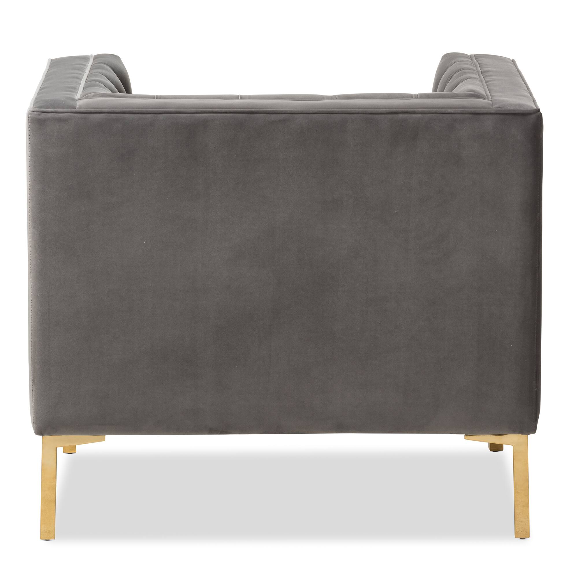 Back. Baxton Studio - Zanetta Luxe and Glamour Velvet Upholstered Gold Finished Lounge Chair - Grey.