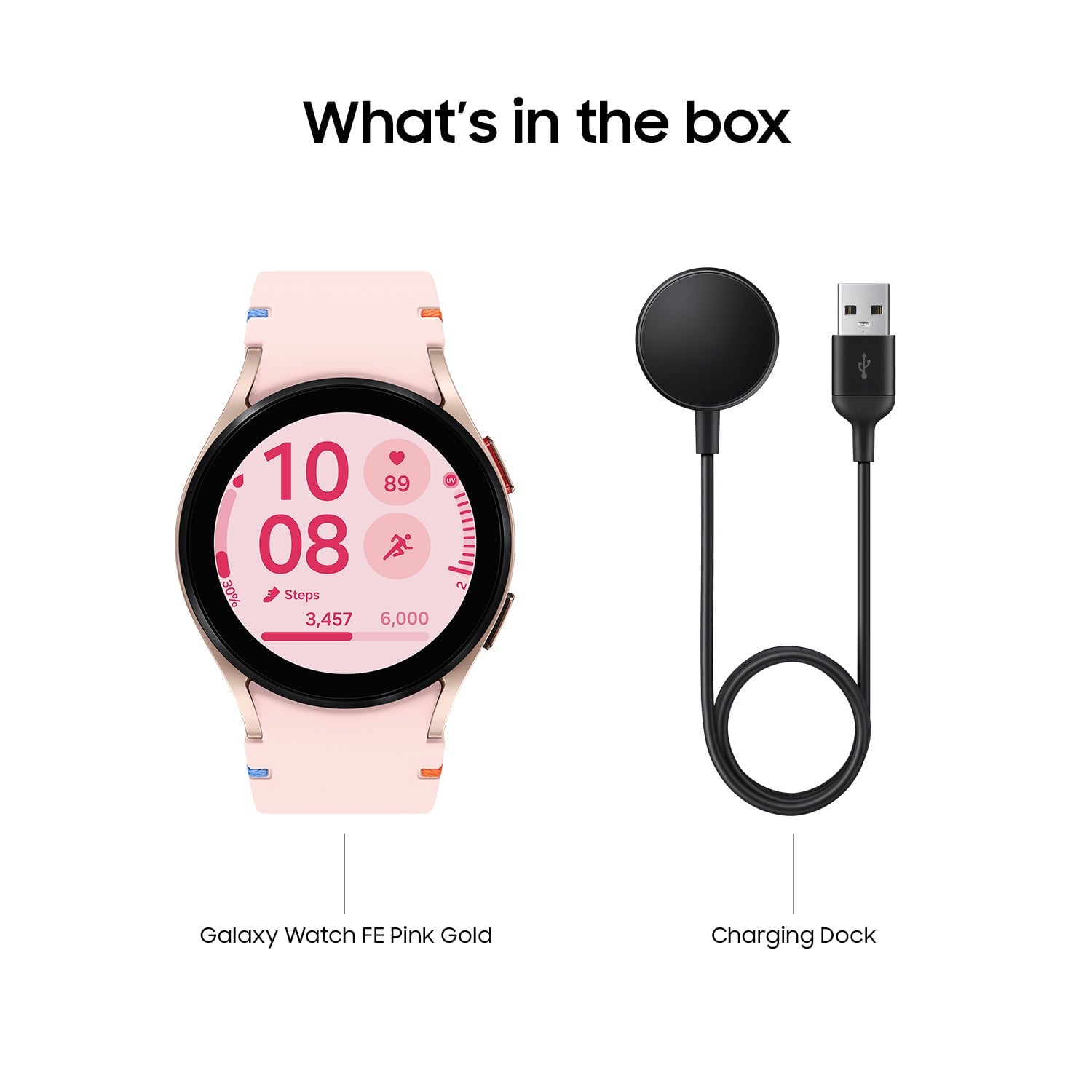 What's in the box: Galaxy Watch FE Pink Gold Charging Dock.