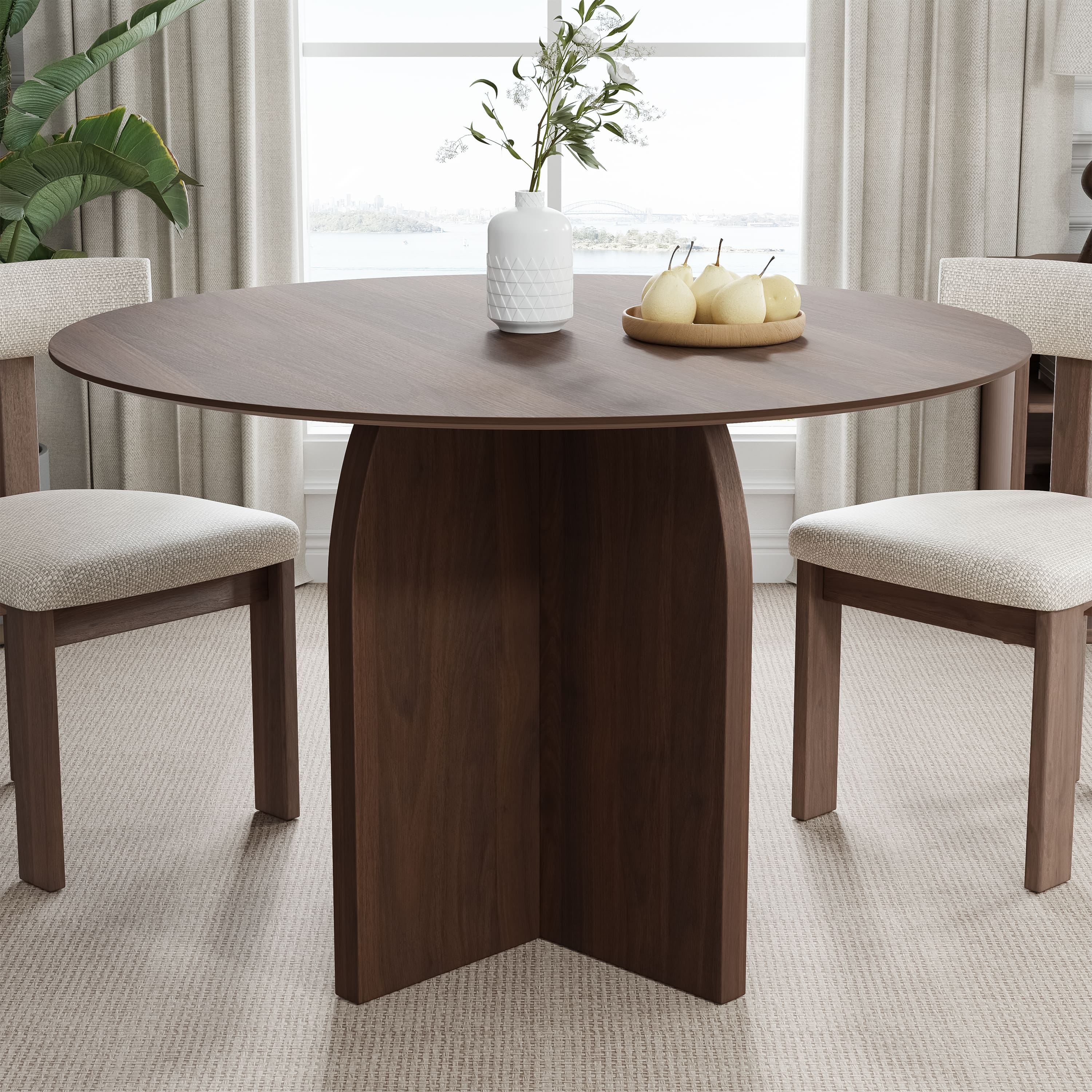 Lirago - 45in. Arched Leg Round Dining Table Walnut Finish Solid Wood Timeless Style,Seats 7 People - Brown