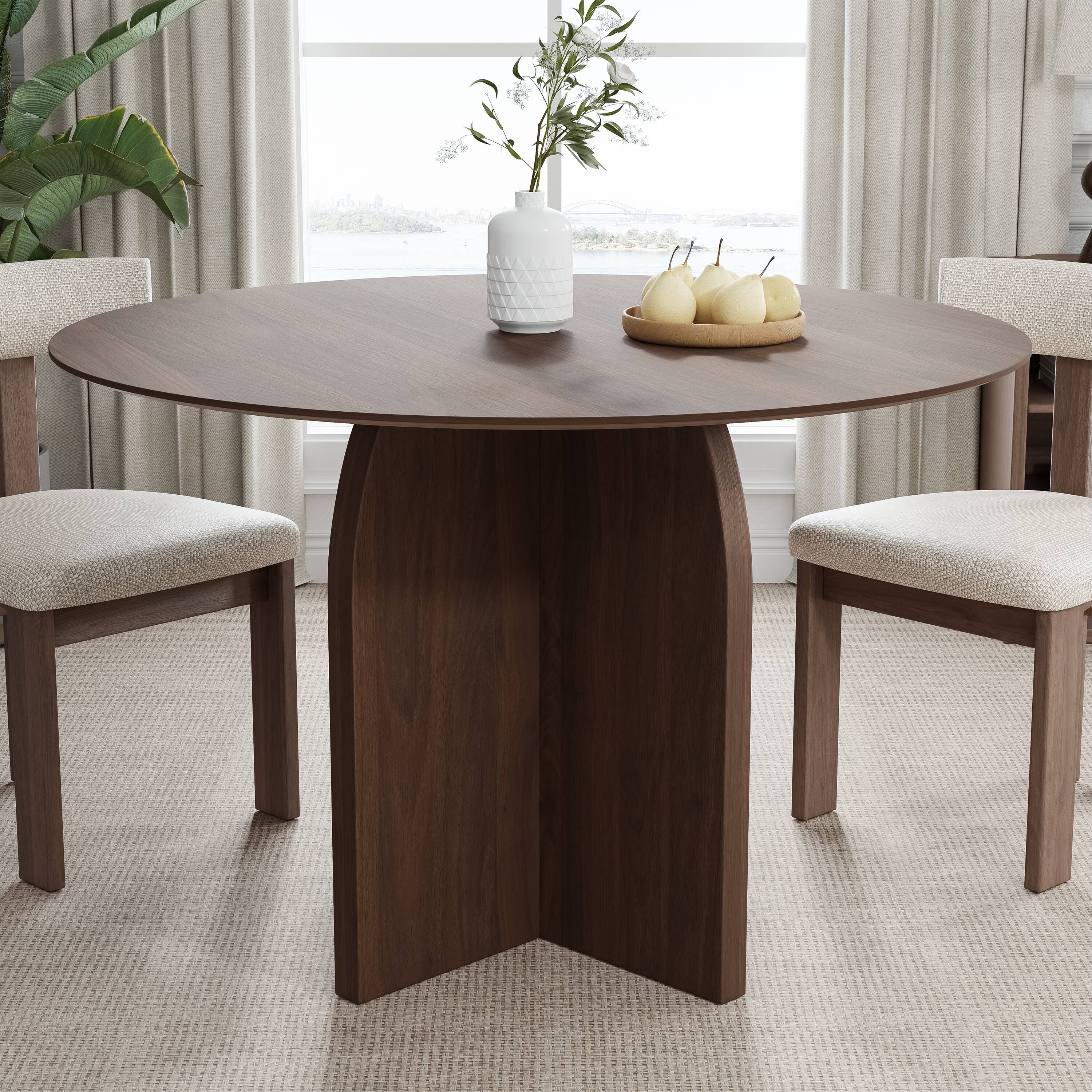 Front. Lirago - 45in. Arched Leg Round Dining Table Walnut Finish Solid Wood Timeless Style,Seats 7 People - Brown.