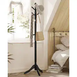 SlickBlue - Freestanding Wooden Coat Rack with 10 Hooks and Adjustable Height - Black