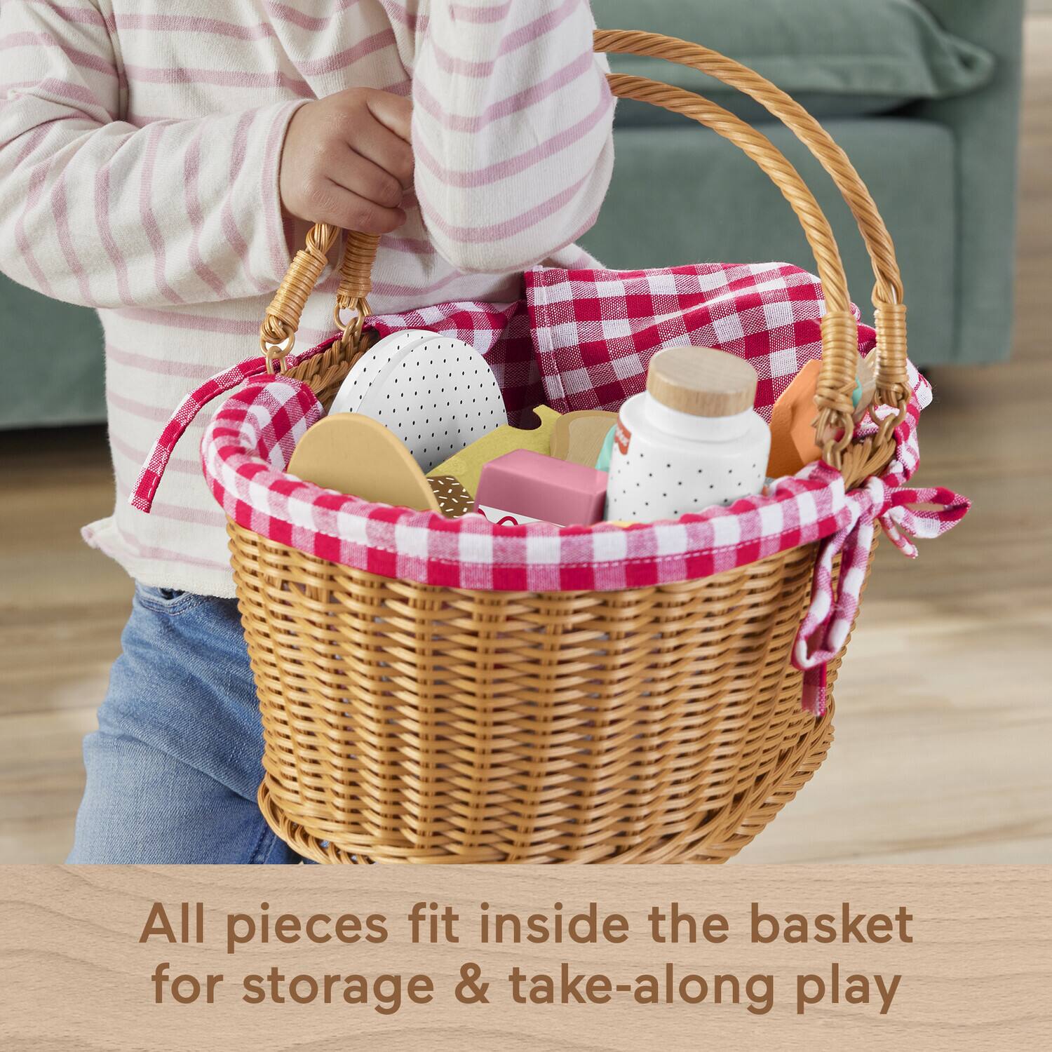 All pieces fit inside the basket for storage & take-along play