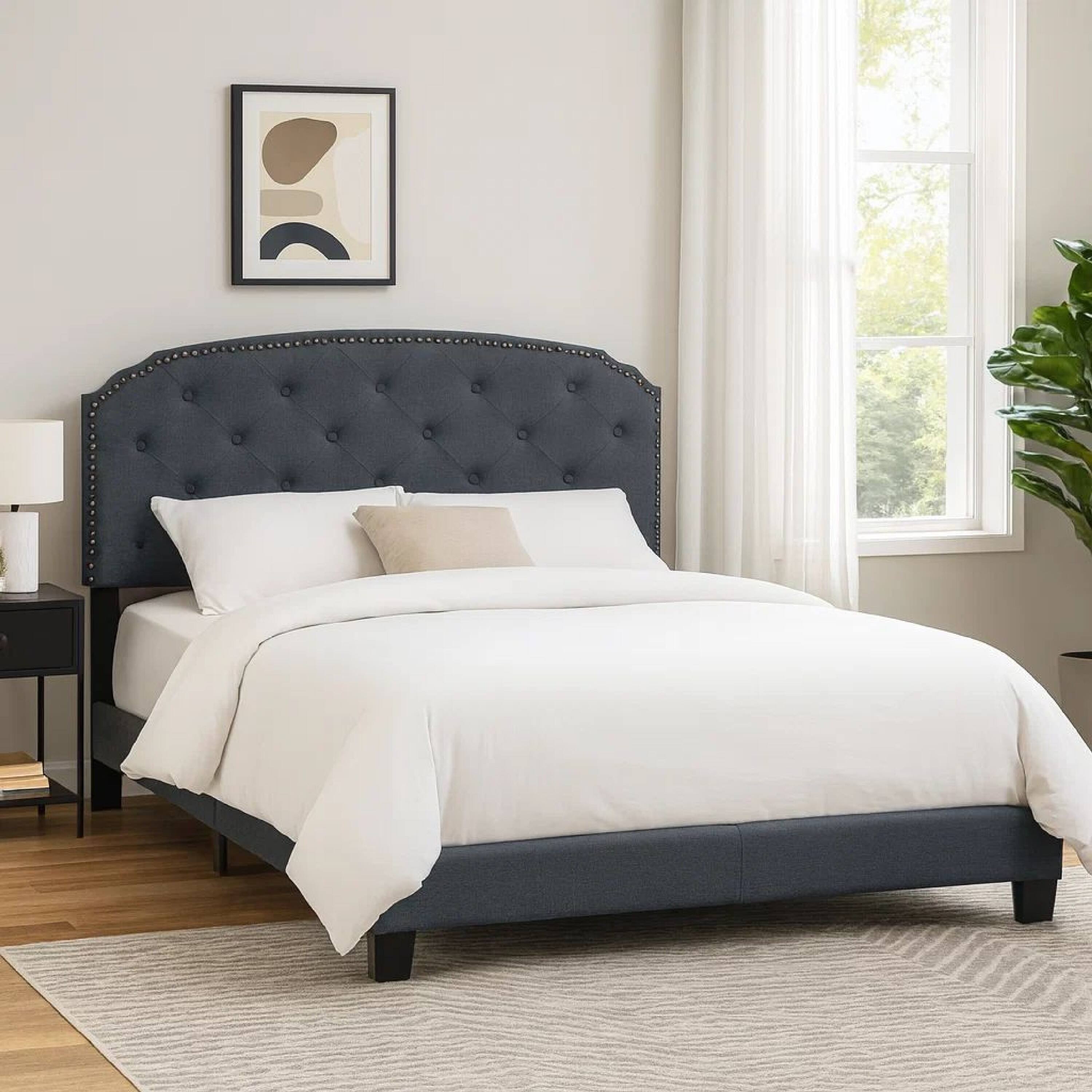 Alt View 2. Manhattan Lane - Full Bed with Button Tufted Scalloped Headboard - Gray.
