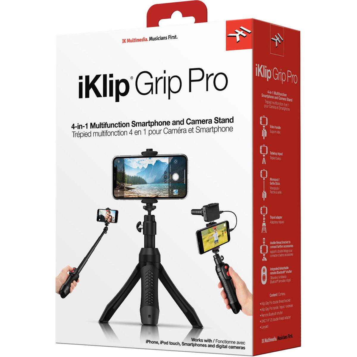 Musicians First. IK Multimedia. iKlip Grip Pro and Camera Stand 4-in-1 Multifunction Smartphone multifonction 4 en 1 pour Camera et Smartphone Trepied iKlip Grip Pro 4 Mutfuncion Smatghore Inc Caner Stuand Tripec cbrttun in por Camse 4 Snarphon ldc hunde Seor d Sabiehny il Tpeches Hunopel Seffe S icn Ph Trpot siaphr Addtiter TE d toud backt'h twme: trtr - sp tc Sntgeo bogst sttahe ande Butotr pud Chrdar Batar Works with / Fonctionne iPhone, iPod touch, avec Smartphones and digital cameras