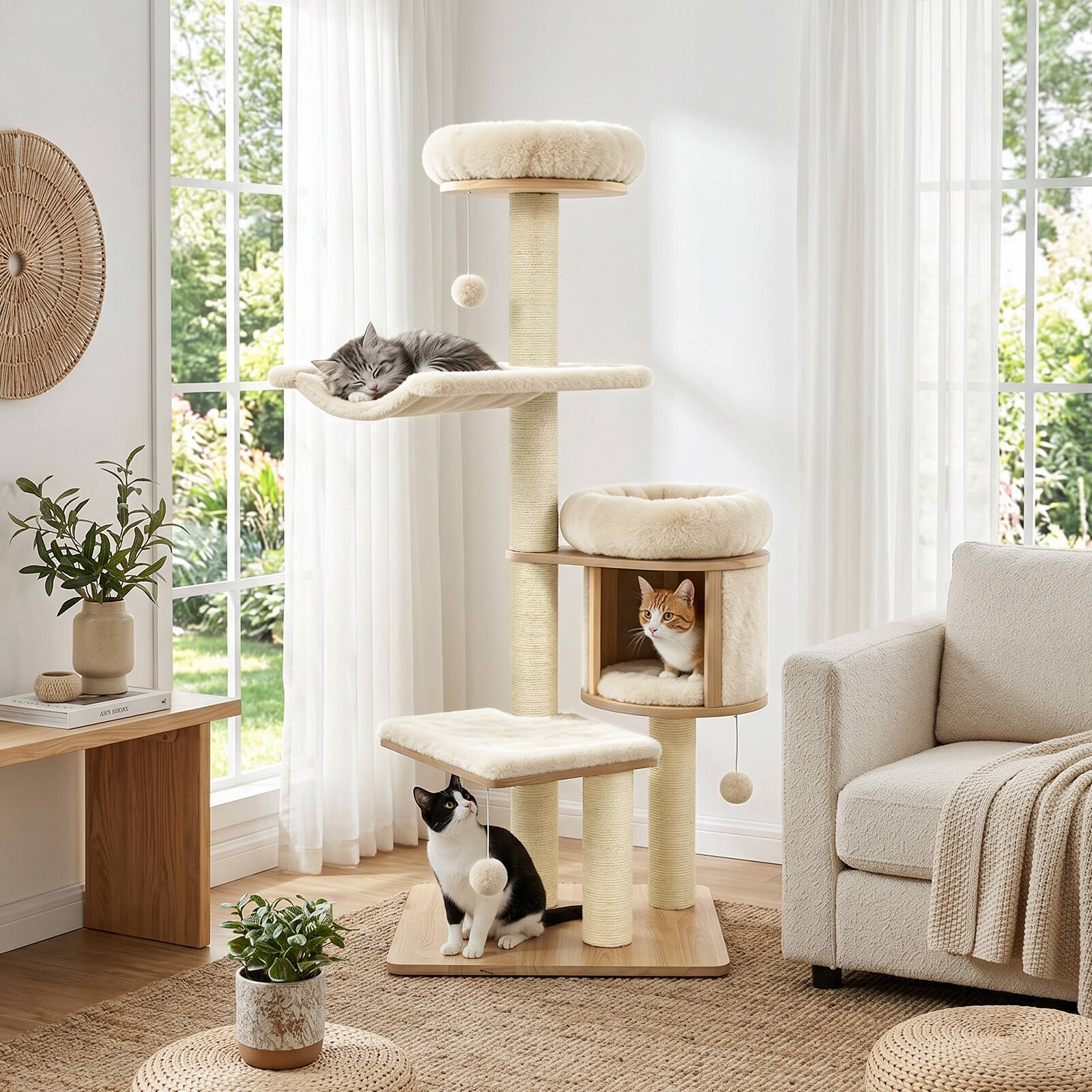 Alt View 4. Gymax - Gymax 55'' Large Solid Rubber Wood Cat Tree Tower w/Cozy Condo Beds & Hammock 3 Balls Natural & Beige - Beige.
