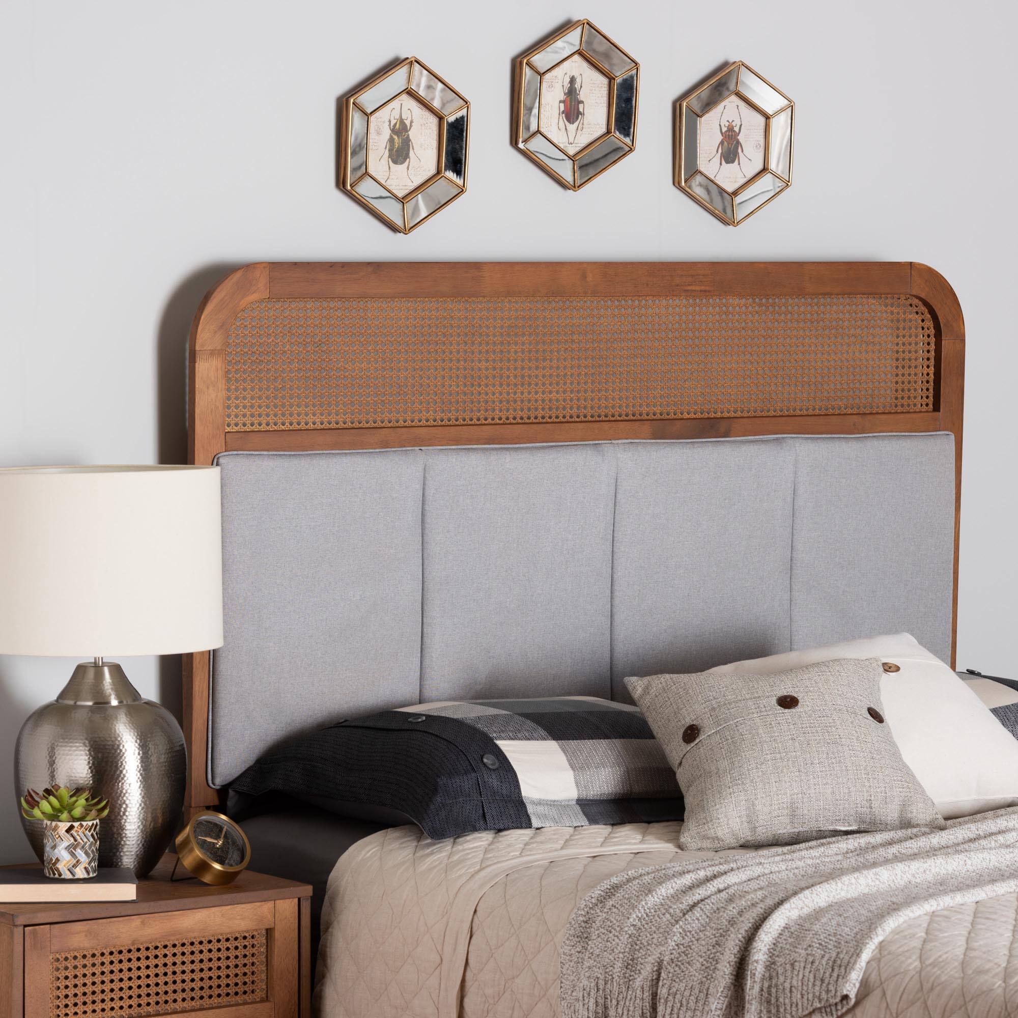 Alt View 1. Baxton Studio - Esti Mid-Century Modern Fabric and Finished Wood Queen Size Headboard with Rattan - Light Grey/Ash Walnut.