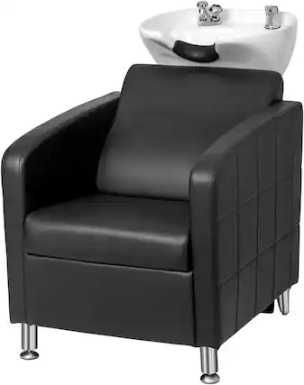 Front. Winado - New Backwash Chair Barber Chair with Tilting Shampoo Bowl & Silicone Neck Pillow & Extra Wide Seat for Beauty salon, Spa - Black With White Sink.