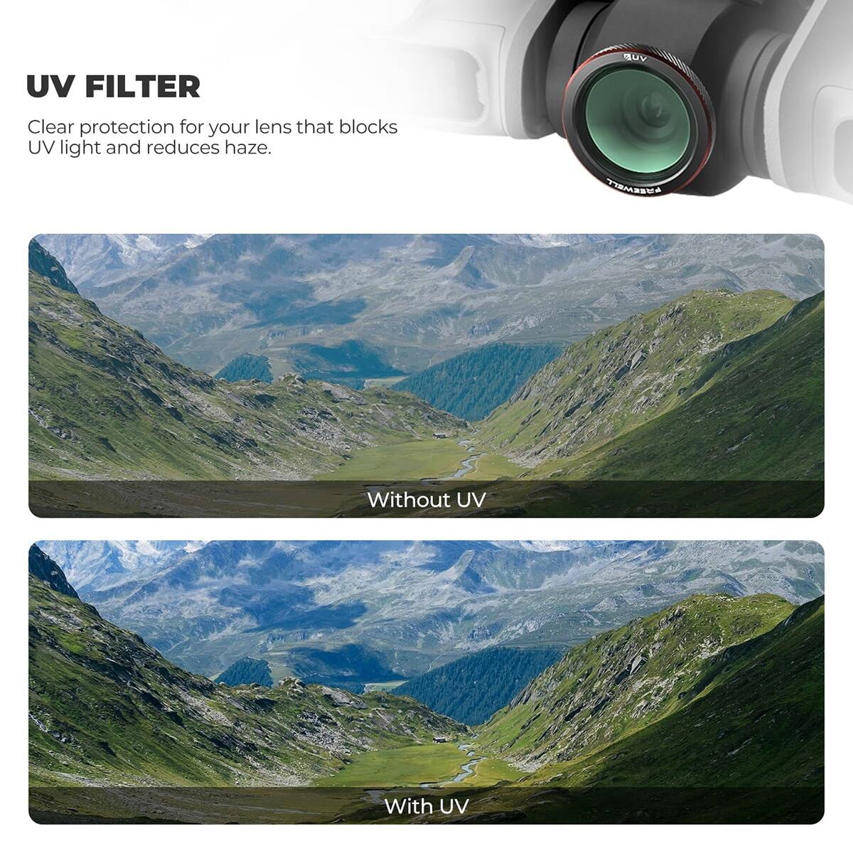 UV FILTER  
Clear protection for your lens that blocks UV light and reduces haze.  

Without UV  
With UV