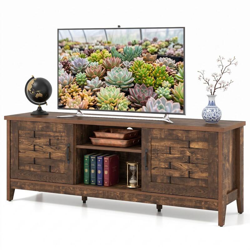 Alt View 4. WELLFOR - Farmhouse TV Stand for 65 Inch TVs, Entertainment Centre with 2 Woven Accent Doors and Adjustable Shelves - Rustic Brown.