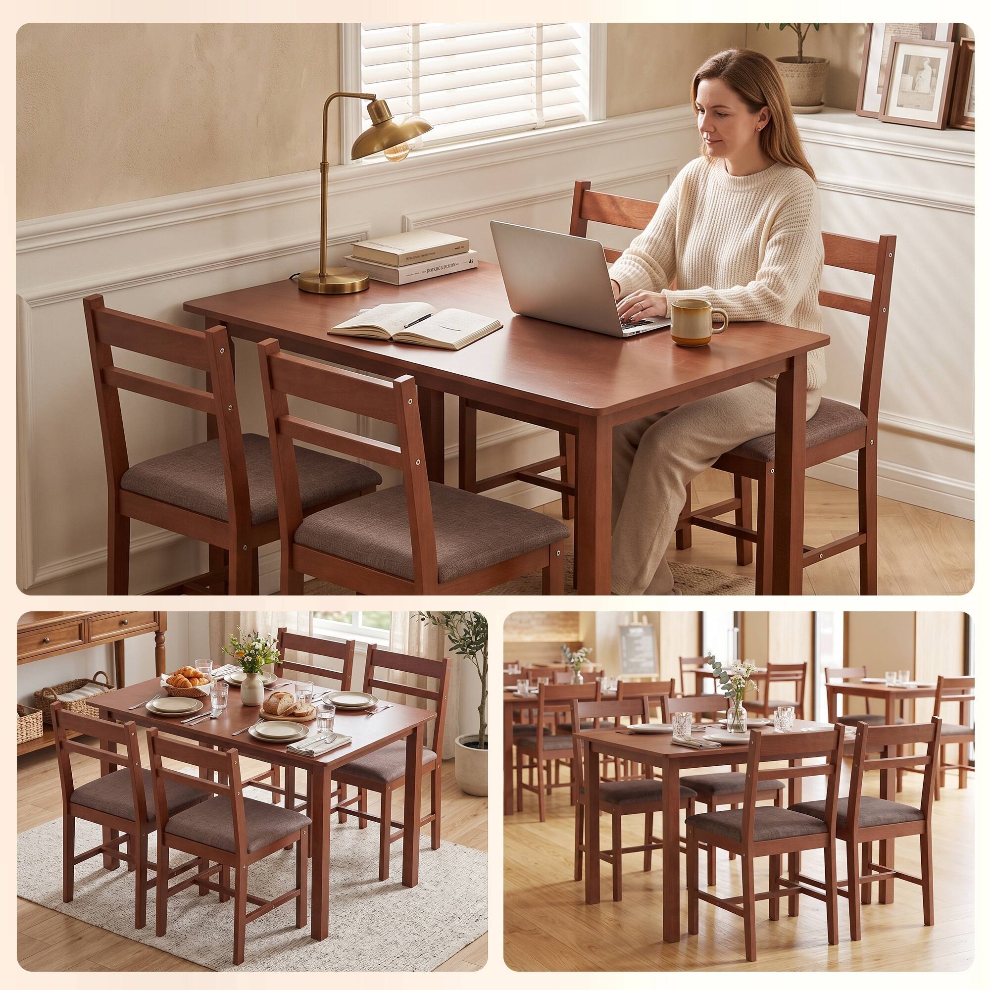 Alt View 8. Homcom - Solid Wood Dining Table Set for 4, Farmhouse Kitchen Table with Upholstered Chairs for Dining Room - Light Brown, Brown.