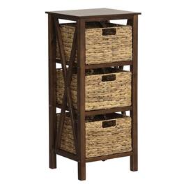 Costway - 1 PC 3-Tier Nightstand with 3 Seagrass Baskets Rubber Wood X-Shaped Frames 3 Drawers - Walnut/Natural