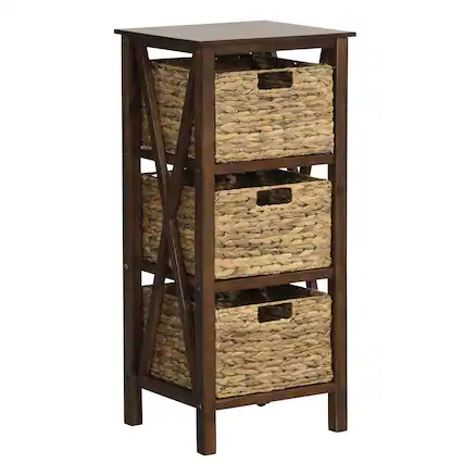 Front. Costway - 1 PC 3-Tier Nightstand with 3 Seagrass Baskets Rubber Wood X-Shaped Frames 3 Drawers - Walnut/Natural.