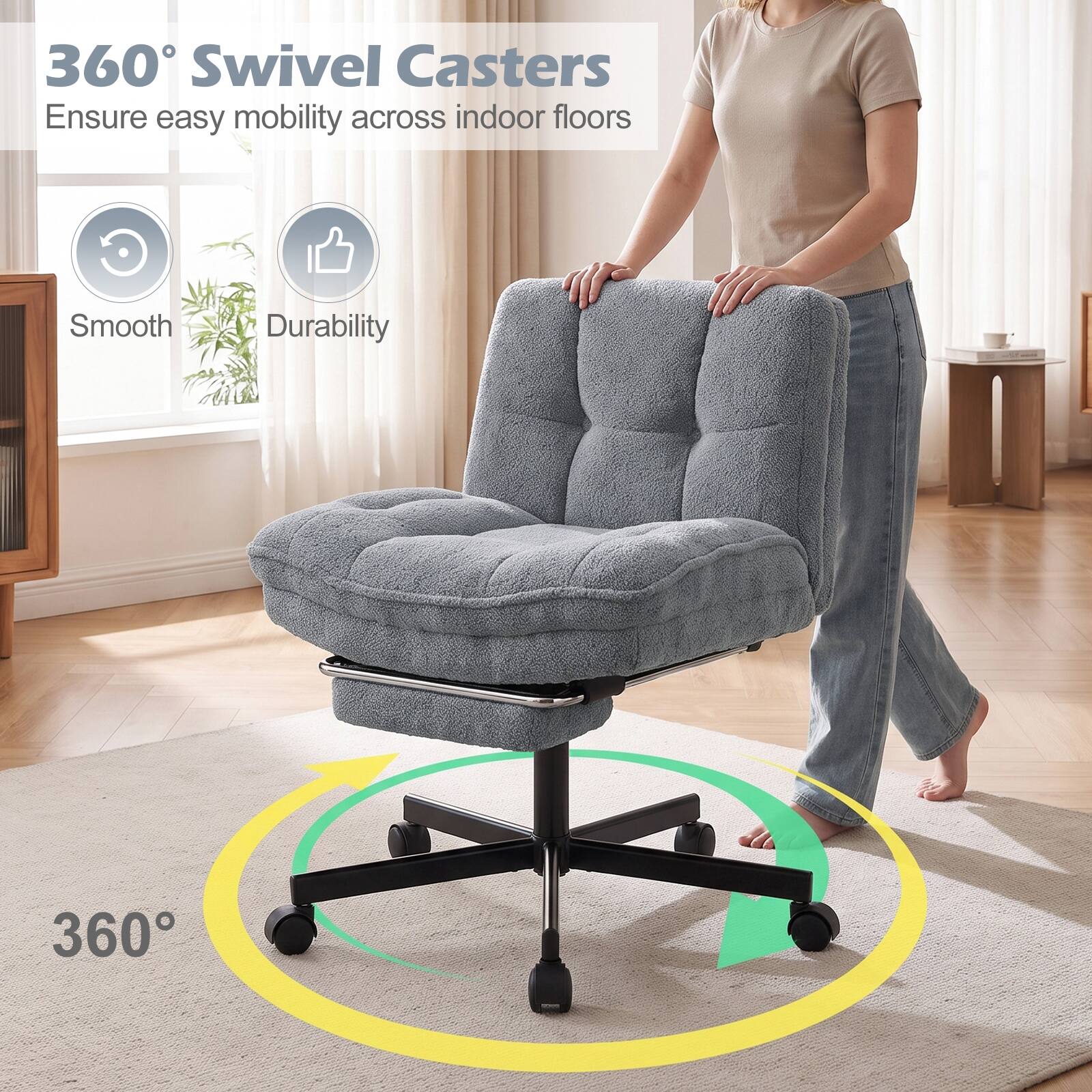 360° Swivel Casters  
Ensure easy mobility across indoor floors

Smooth  
Durability